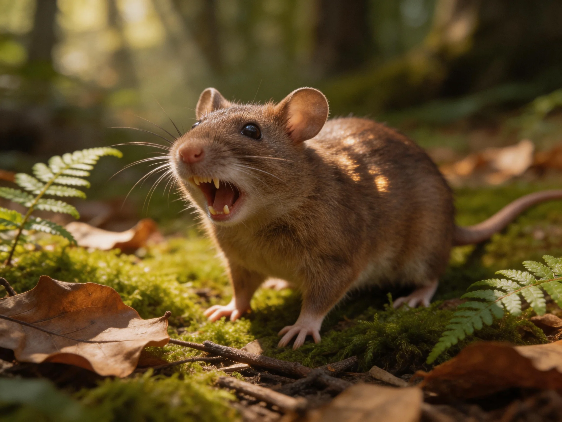 A brown mouse in a sunlit forest with ferns and moss