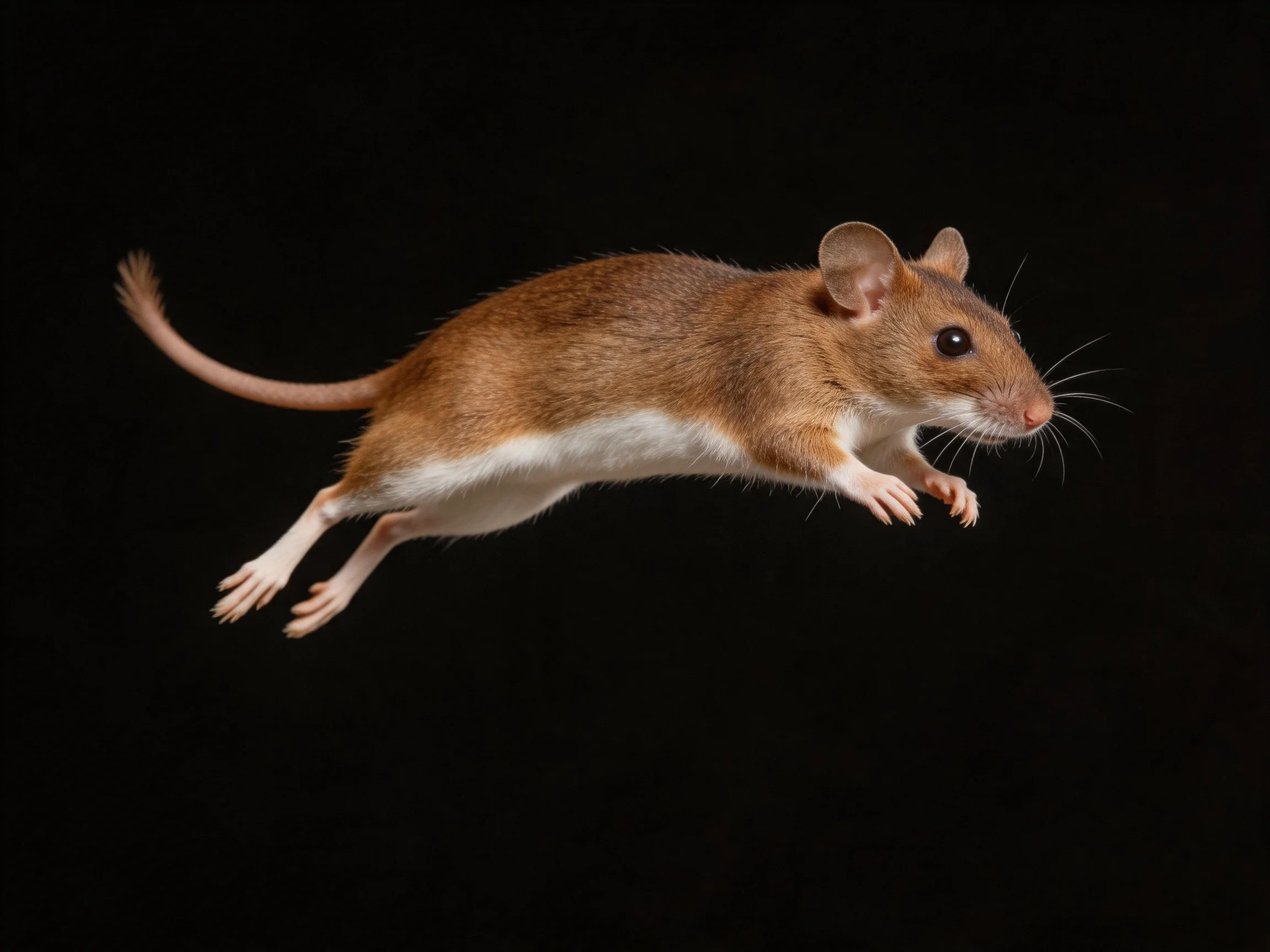 A brown mouse leaps dynamically against a solid black backdrop