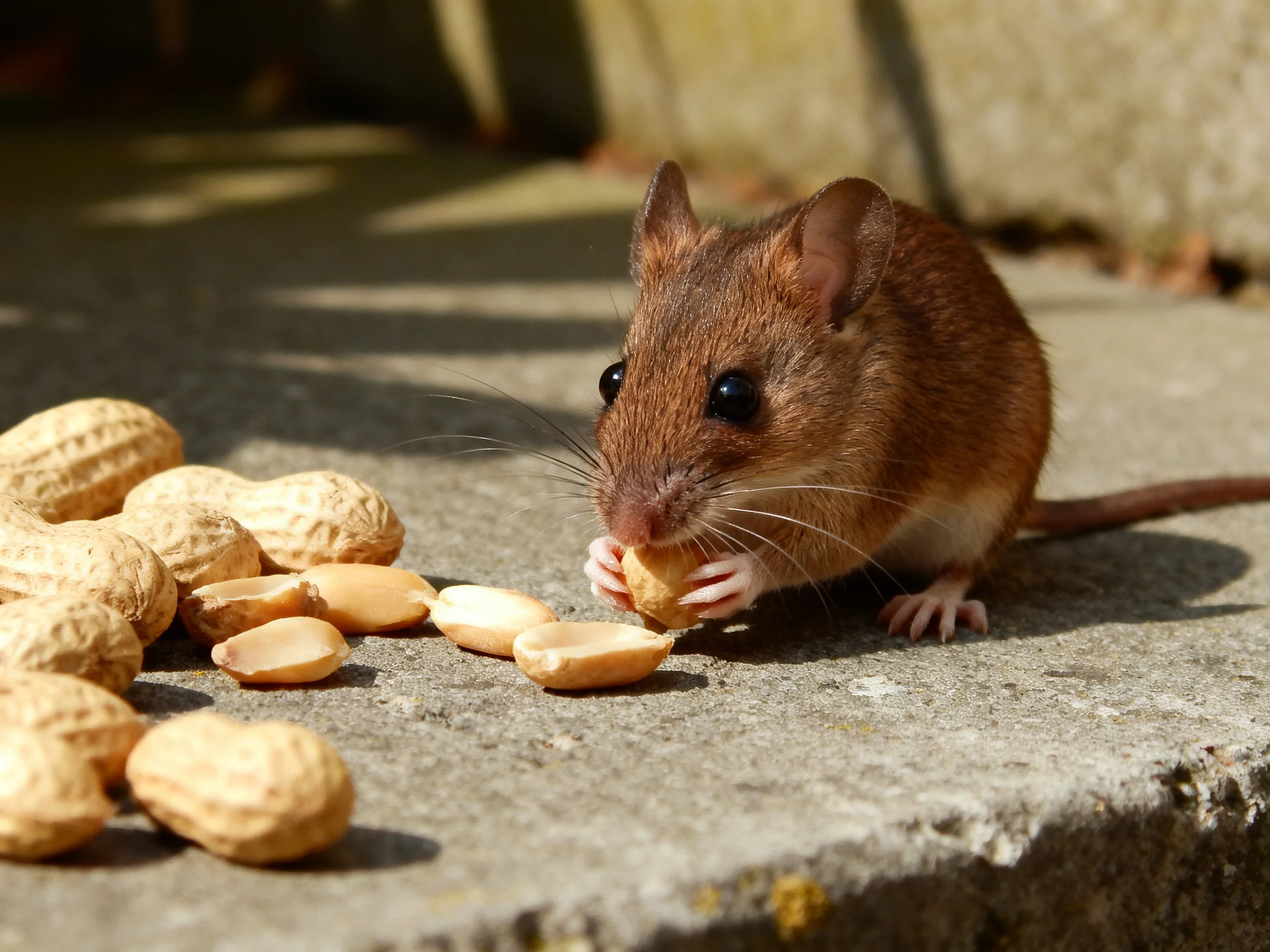 A brown mouse nibbling peanuts on a sunlit concrete ledge