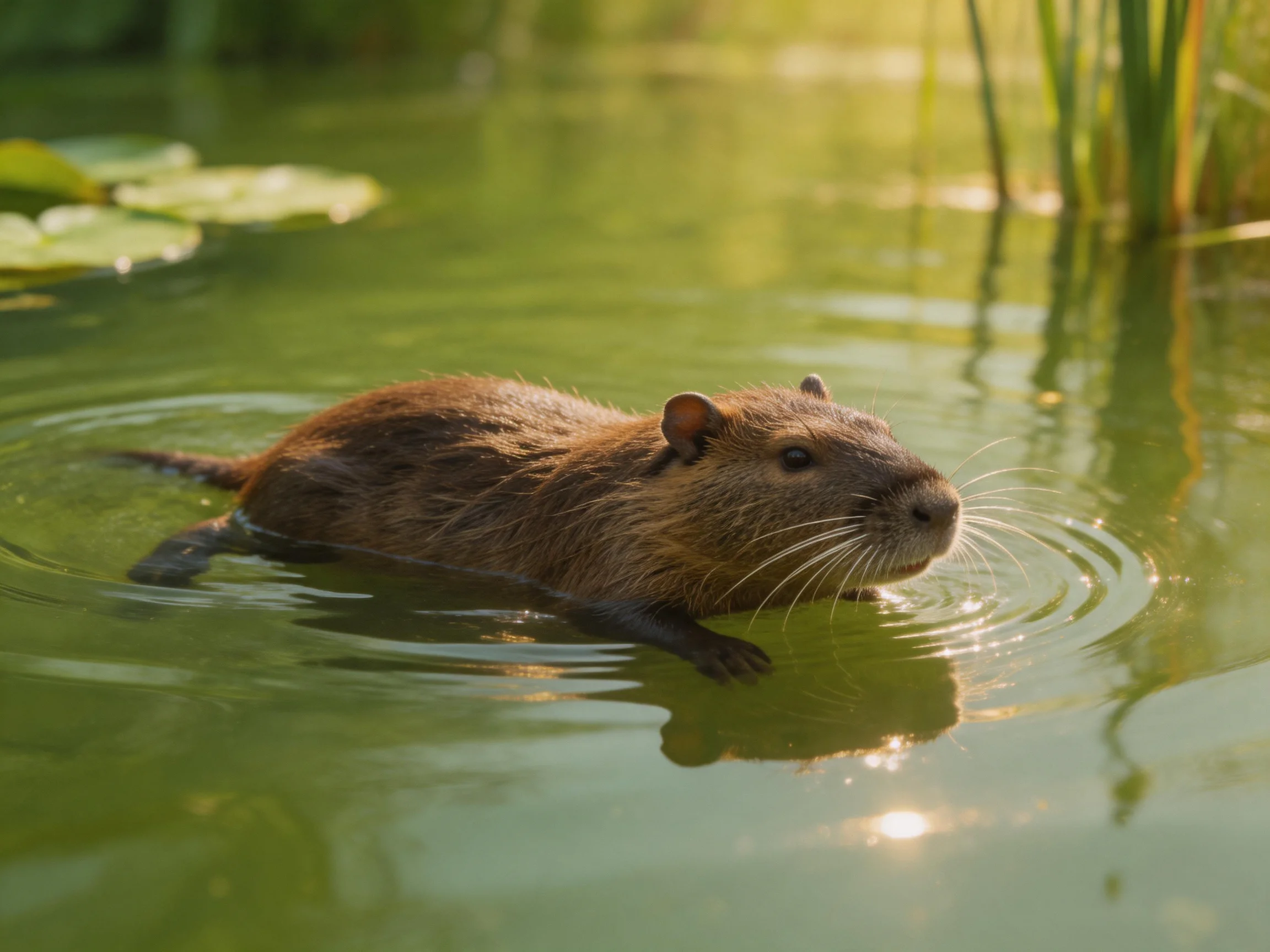 A brown nutria swims in calm green water near reeds