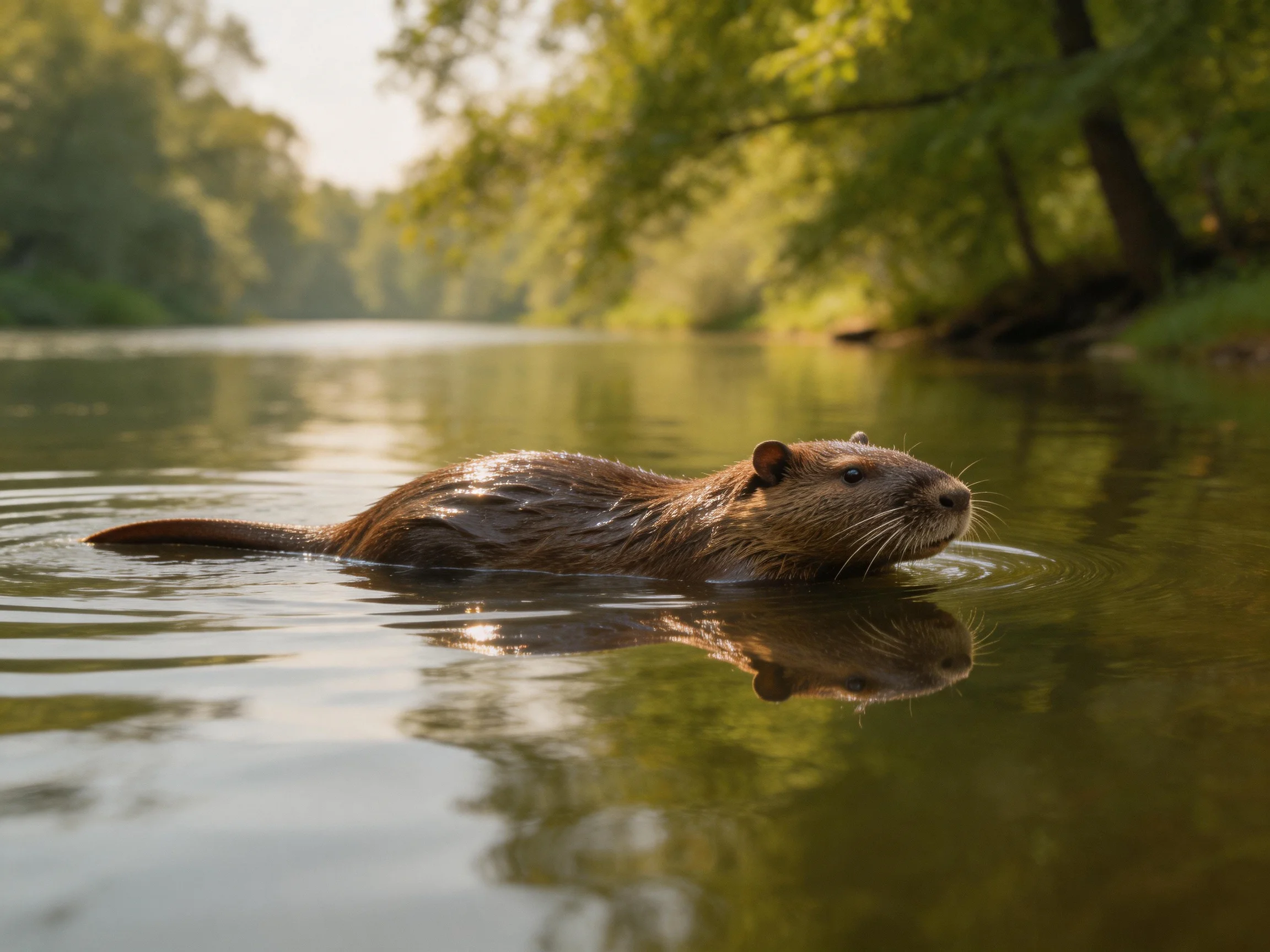 A brown nutria swims through calm water amid lush green trees.