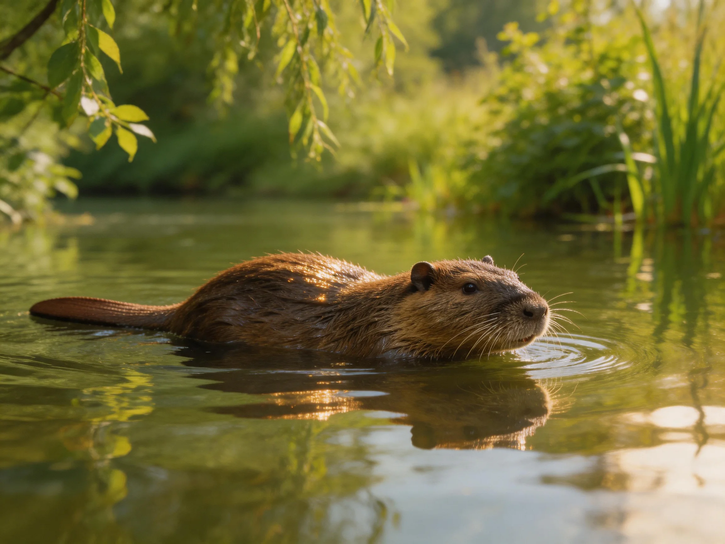 A brown nutria swims in calm water near lush greenery