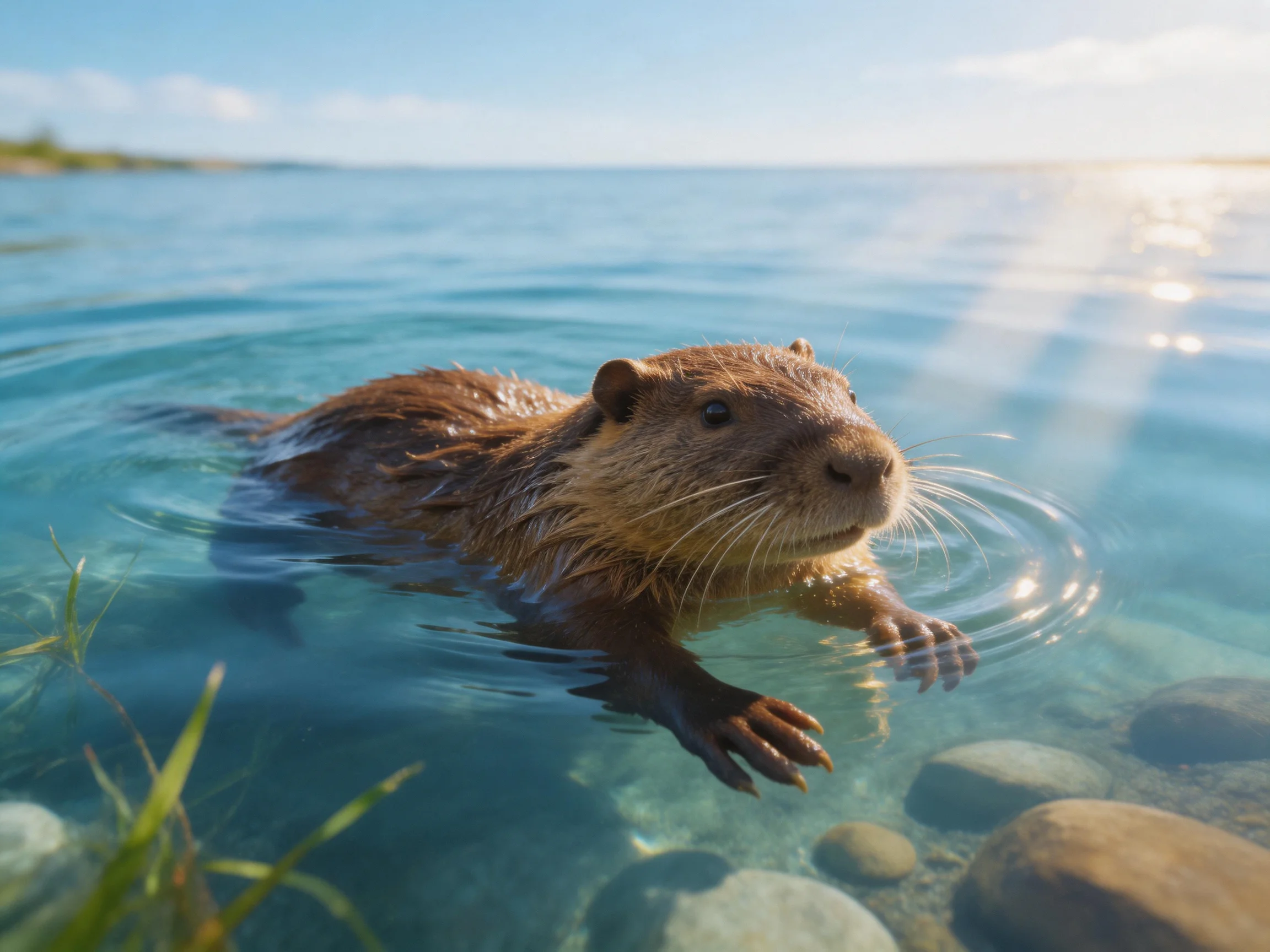 A brown nutria swims in crystal-clear turquoise water near smooth stones