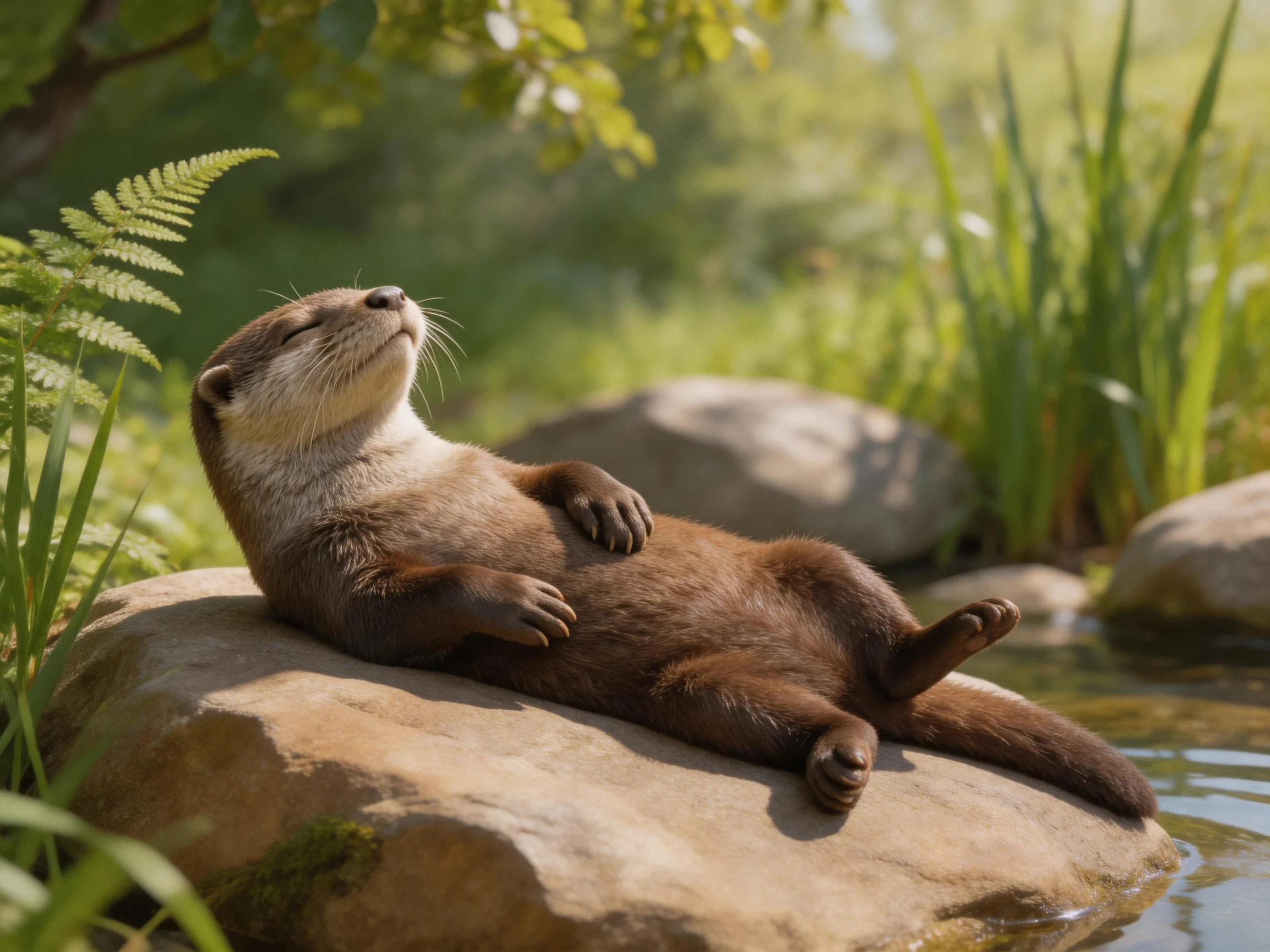 A brown otter lounges on a sunlit rock by calm waters