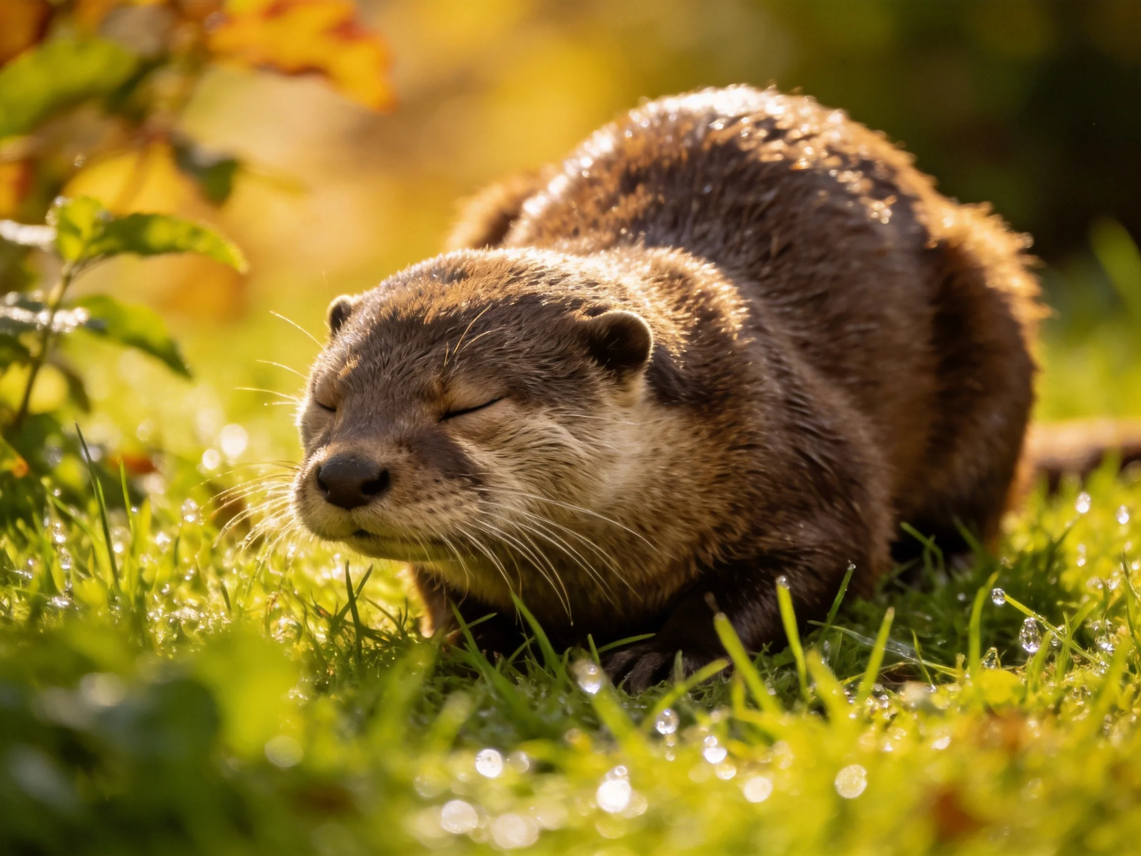 A brown otter rests in dewy green grass under golden sunlight