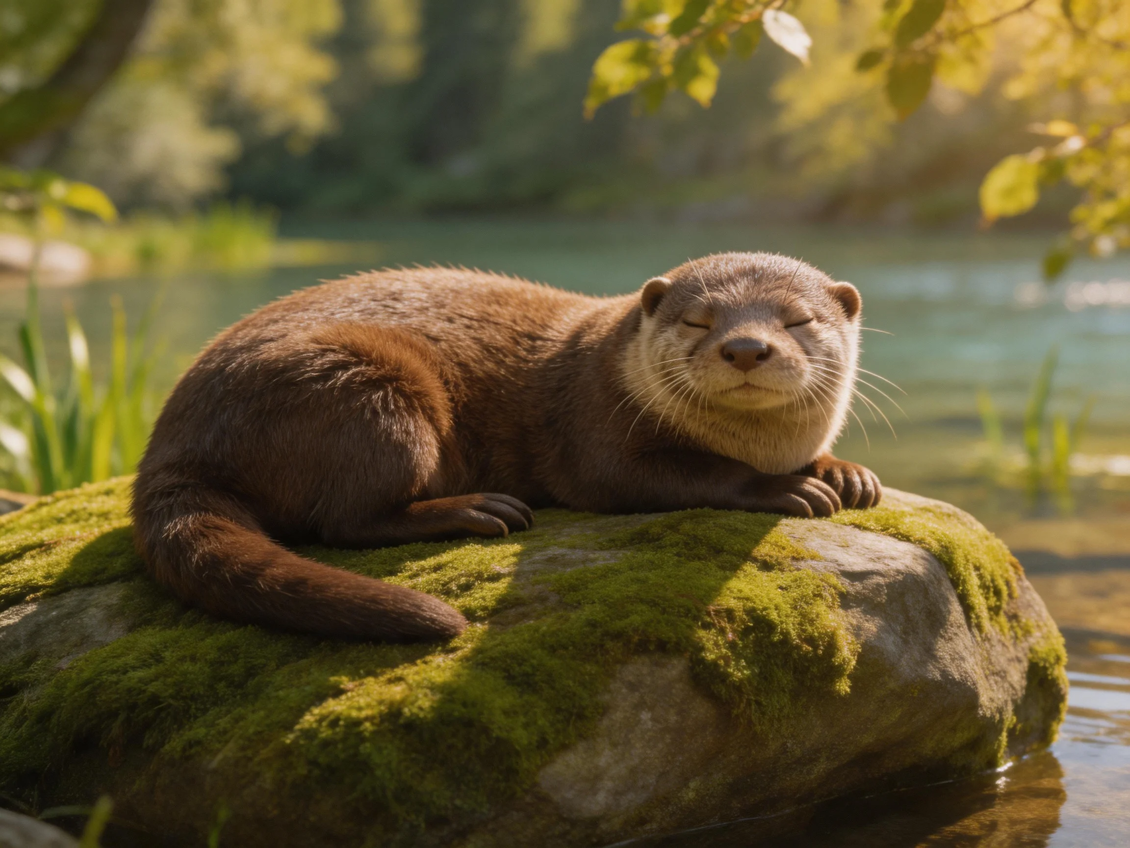 An otter rests on a mossy rock near a stream.