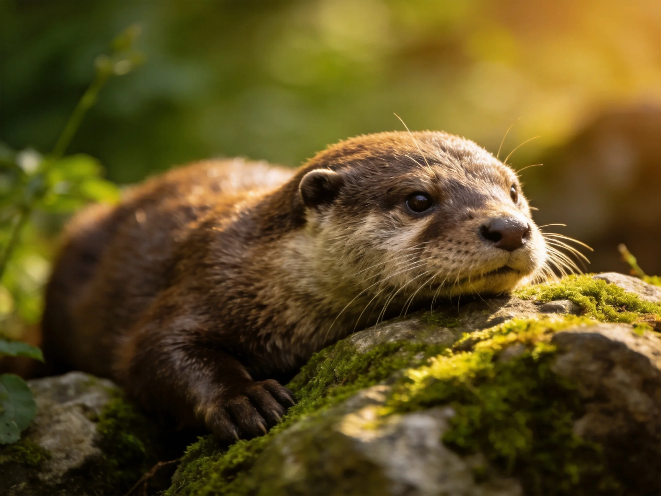 A brown otter rests on a mossy rock in a sunlit natural setting