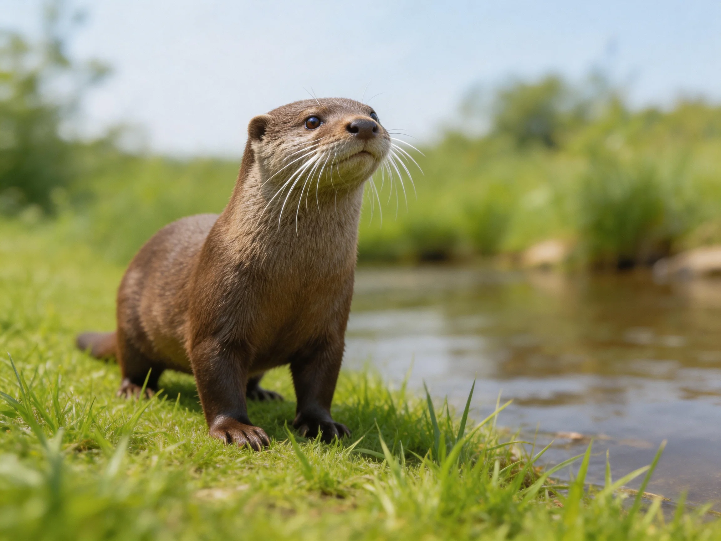 A brown otter sits by a calm stream amid lush green grass