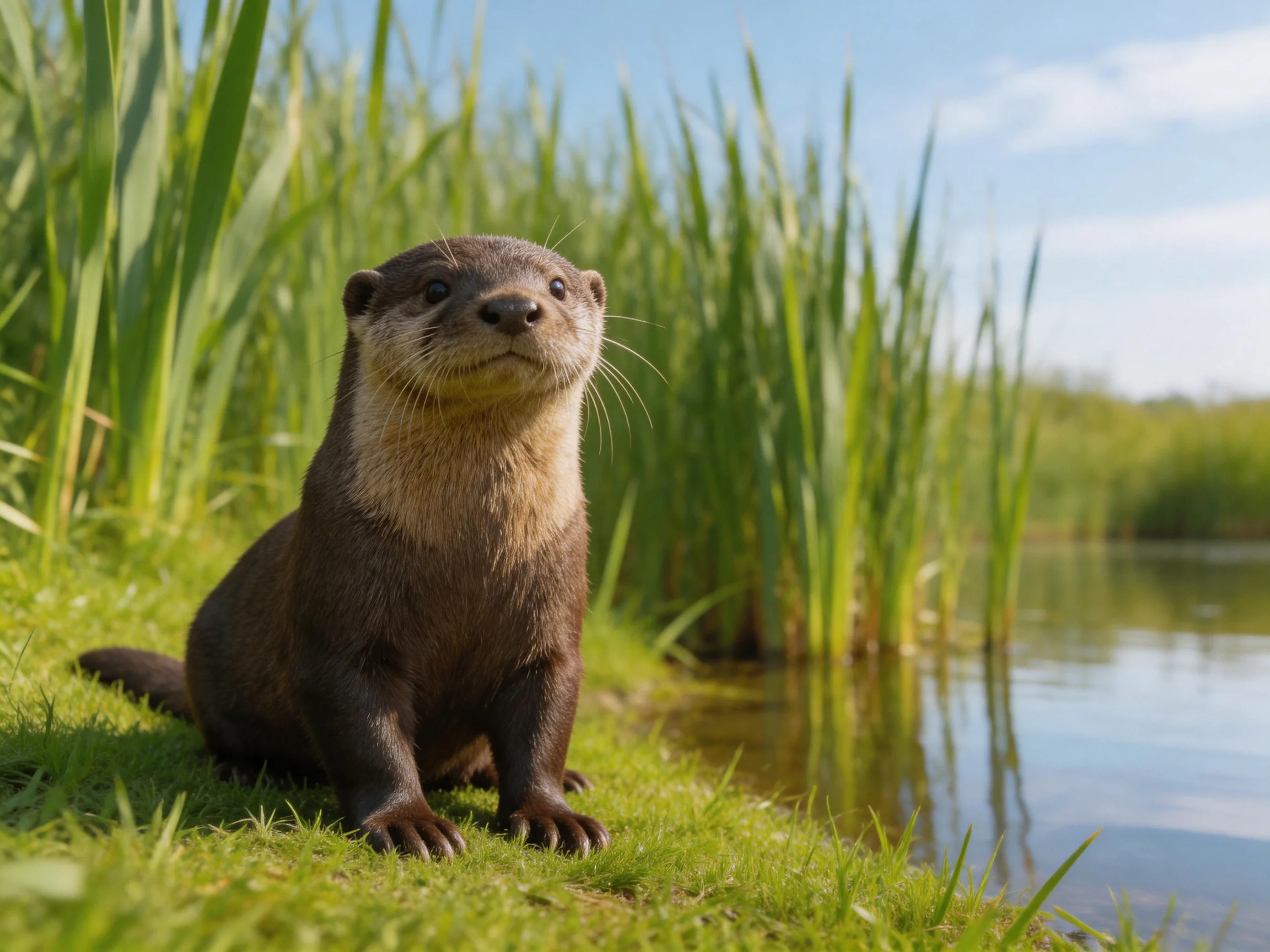 A brown otter sits near tall green reeds by calm water