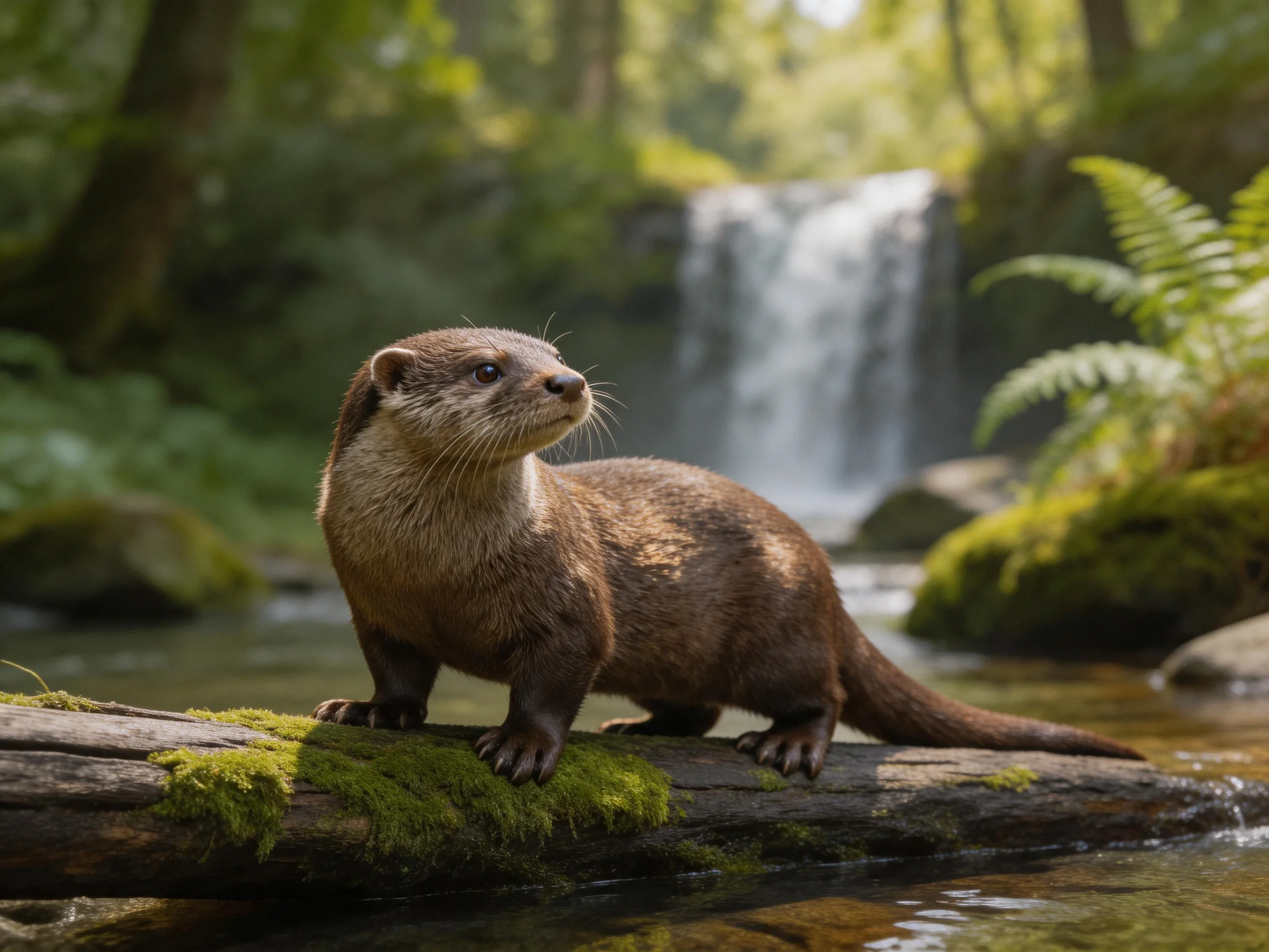 An otter on a mossy log near a cascading waterfall.