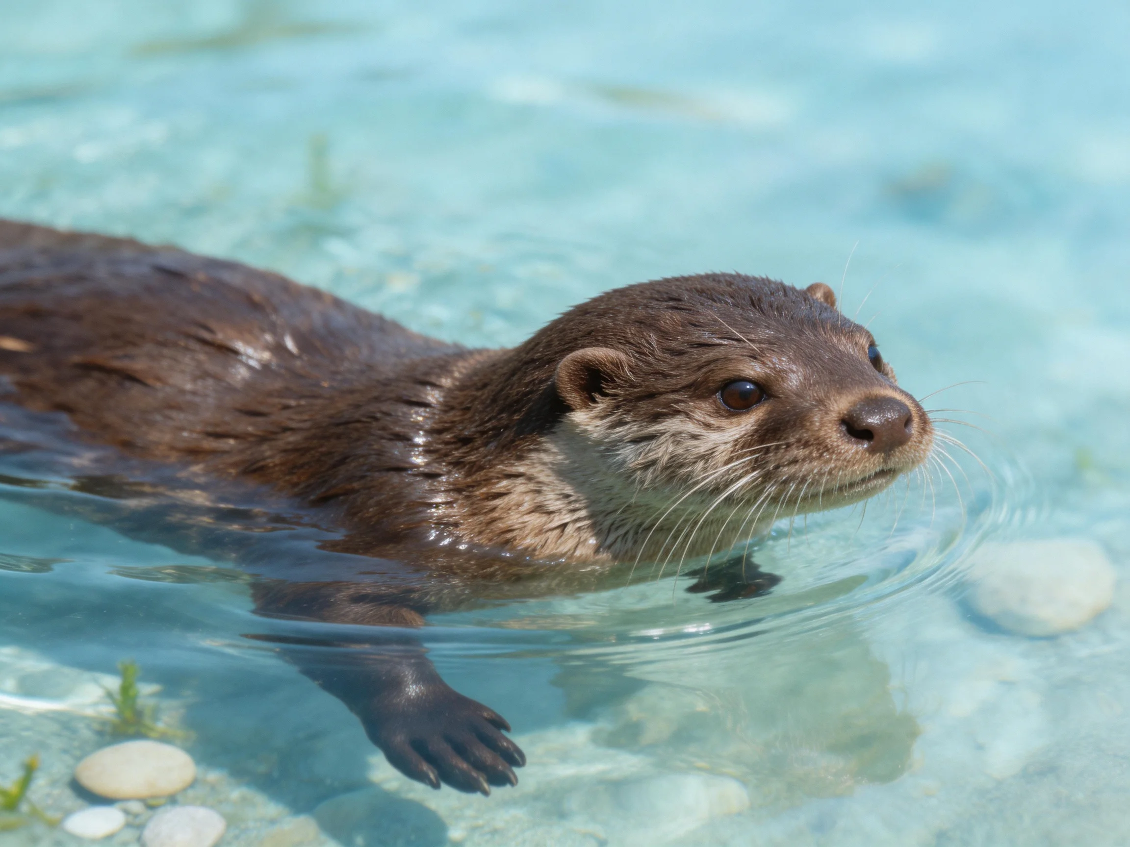 A brown otter swims in clear blue water near small stones