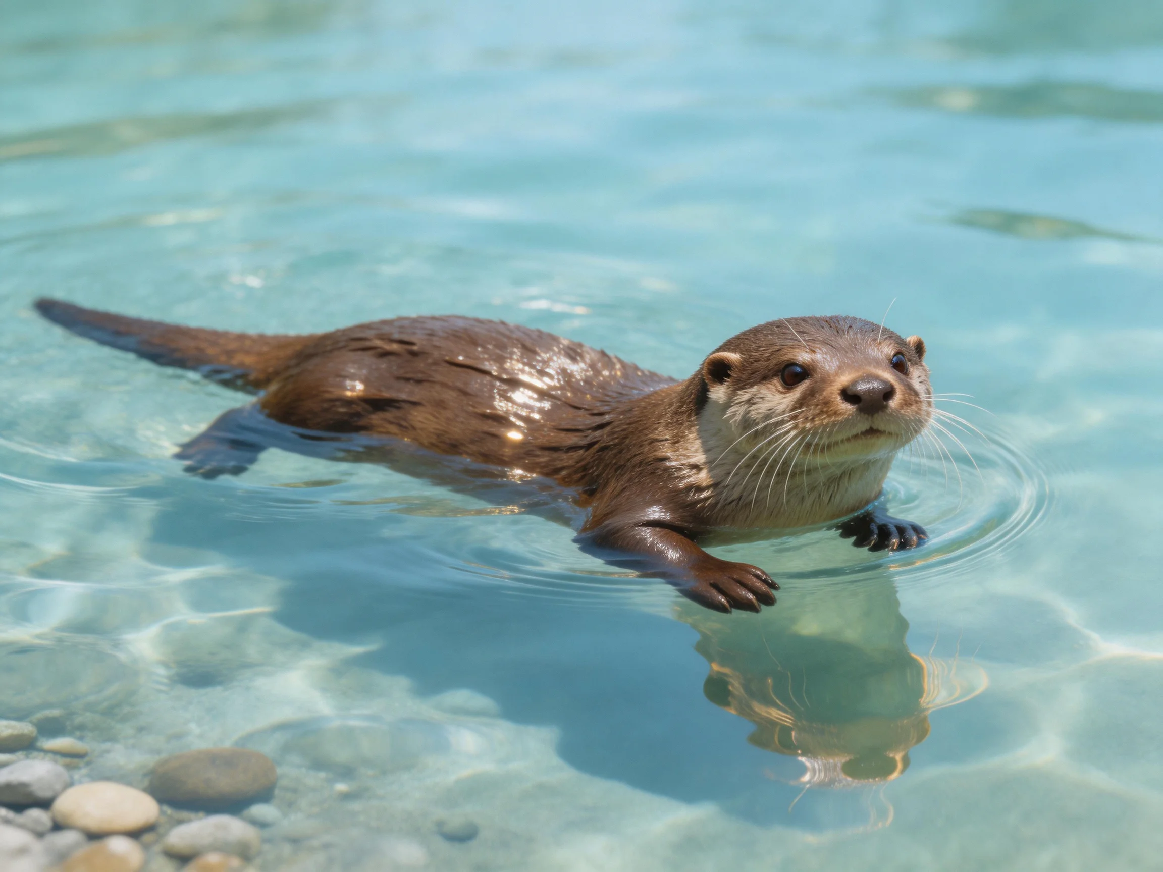 An otter swims in clear turquoise water near smooth stones.
