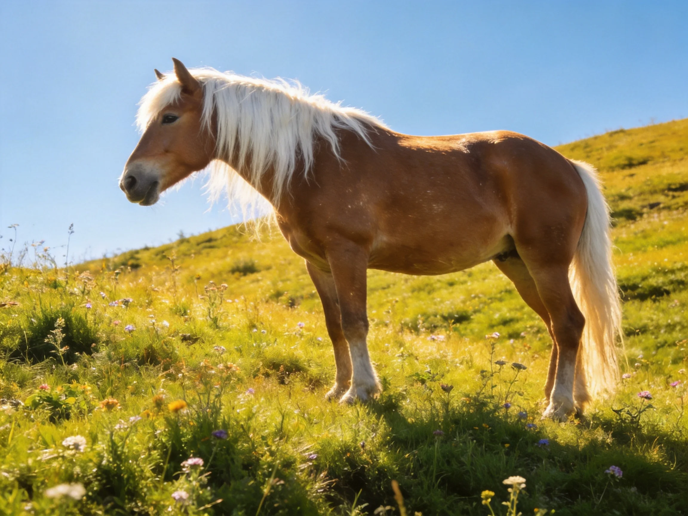 A brown pony with long white mane stands on a sunlit grassy hillside