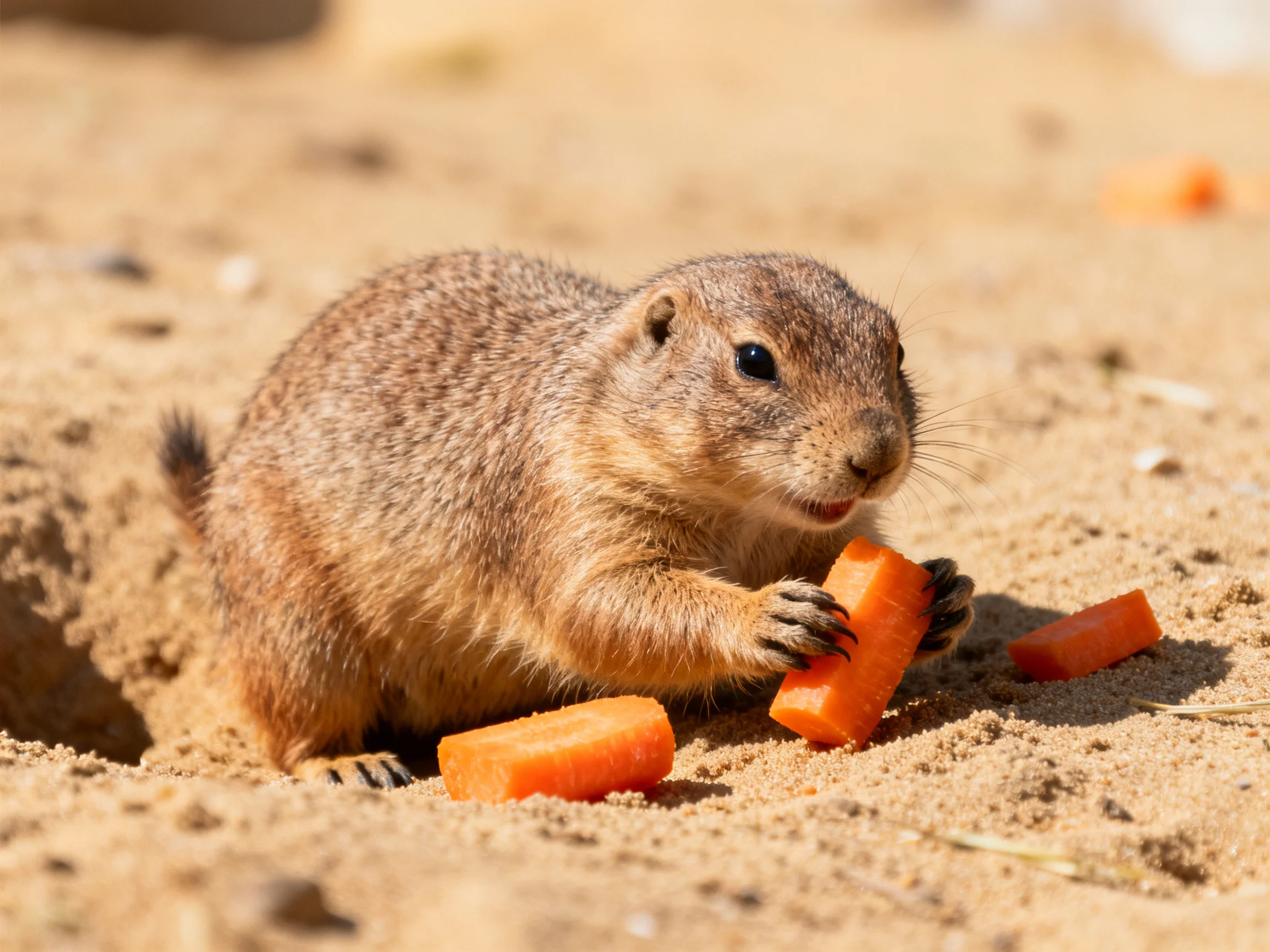 A brown prairie dog eating orange carrot pieces on sandy terrain