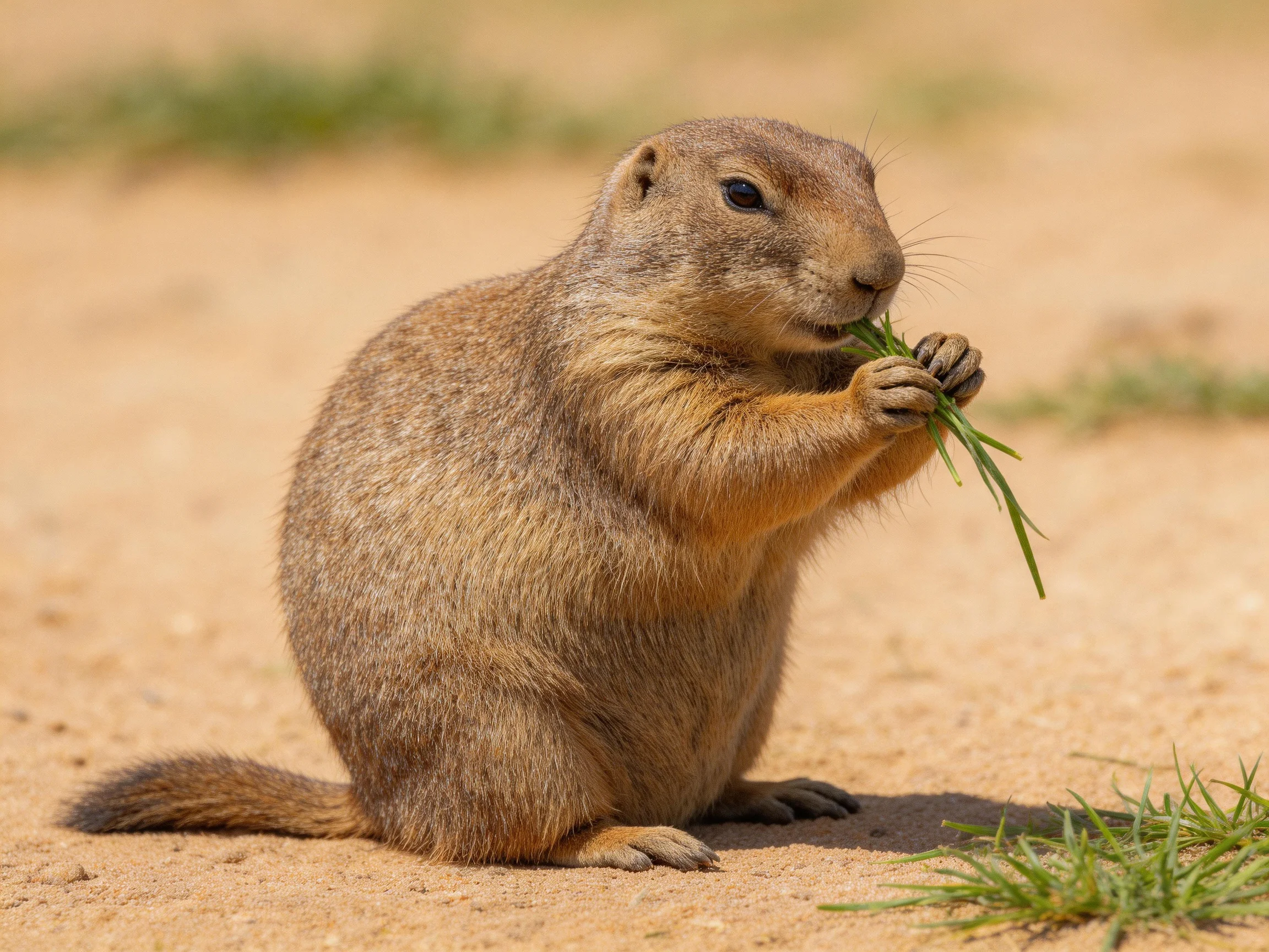 A brown prairie dog eats grass on sandy terrain