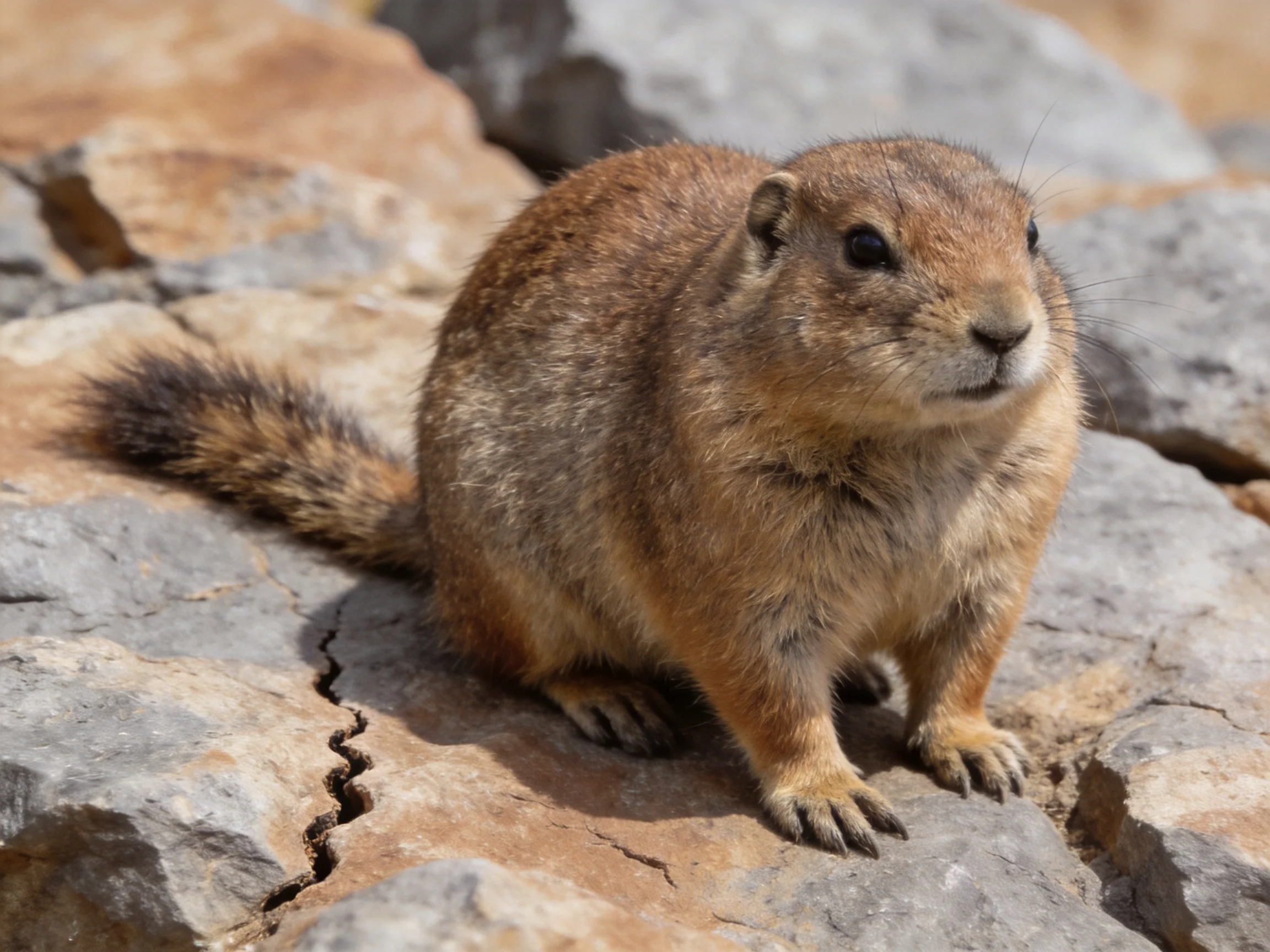 A brown prairie dog sits on rugged stone formations