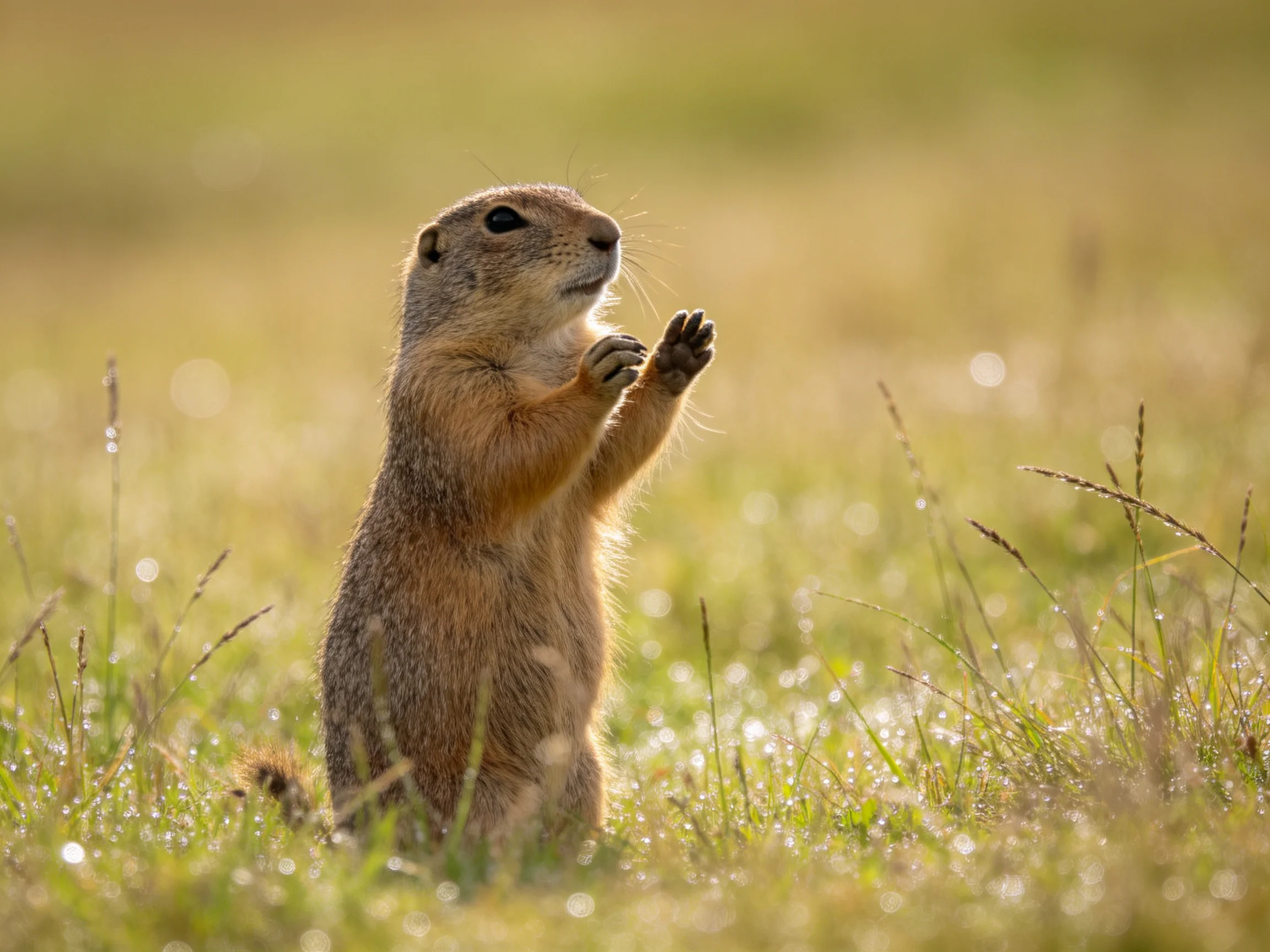 A brown prairie dog stands upright in a dewy grassy field