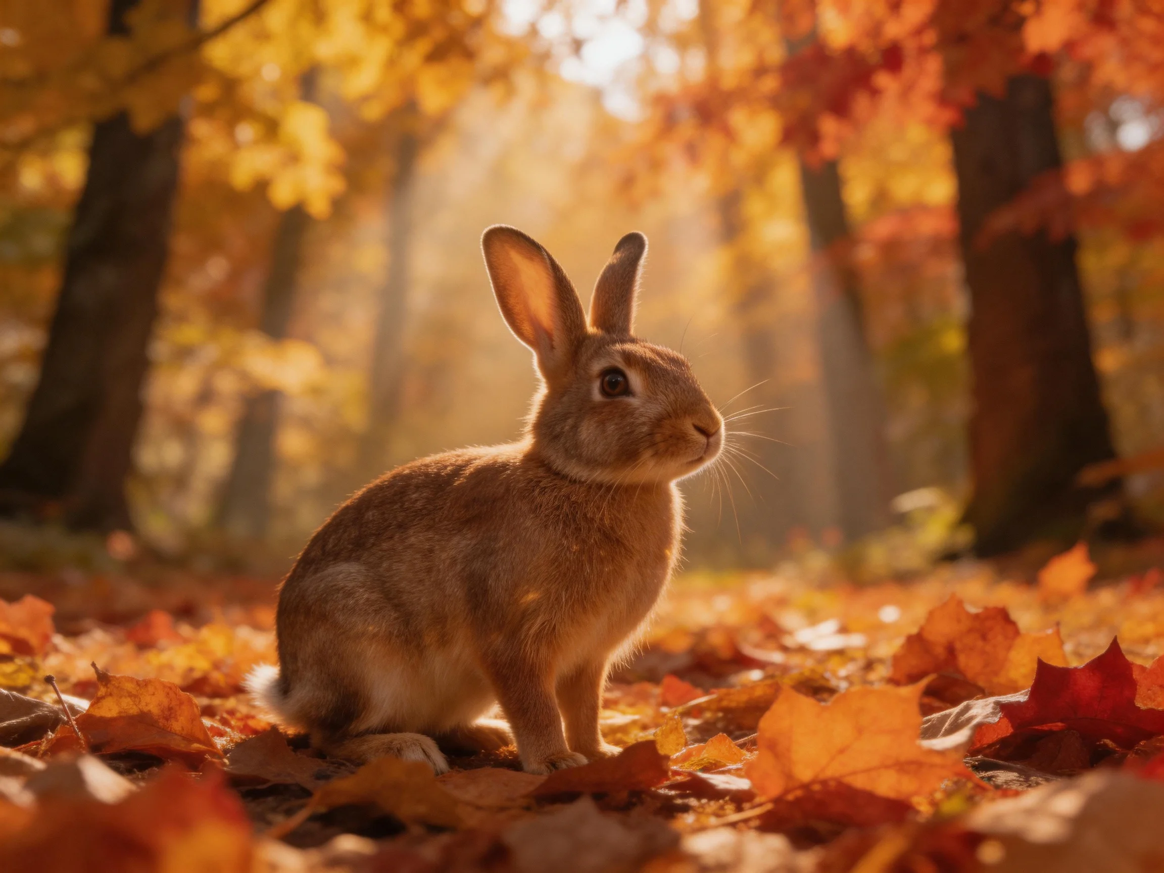 A brown rabbit amid autumn foliage in a sunlit forest