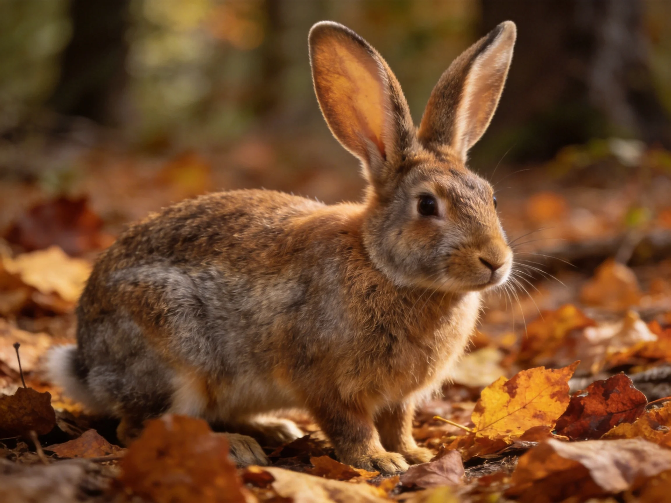 A brown rabbit among warm-toned autumn leaves