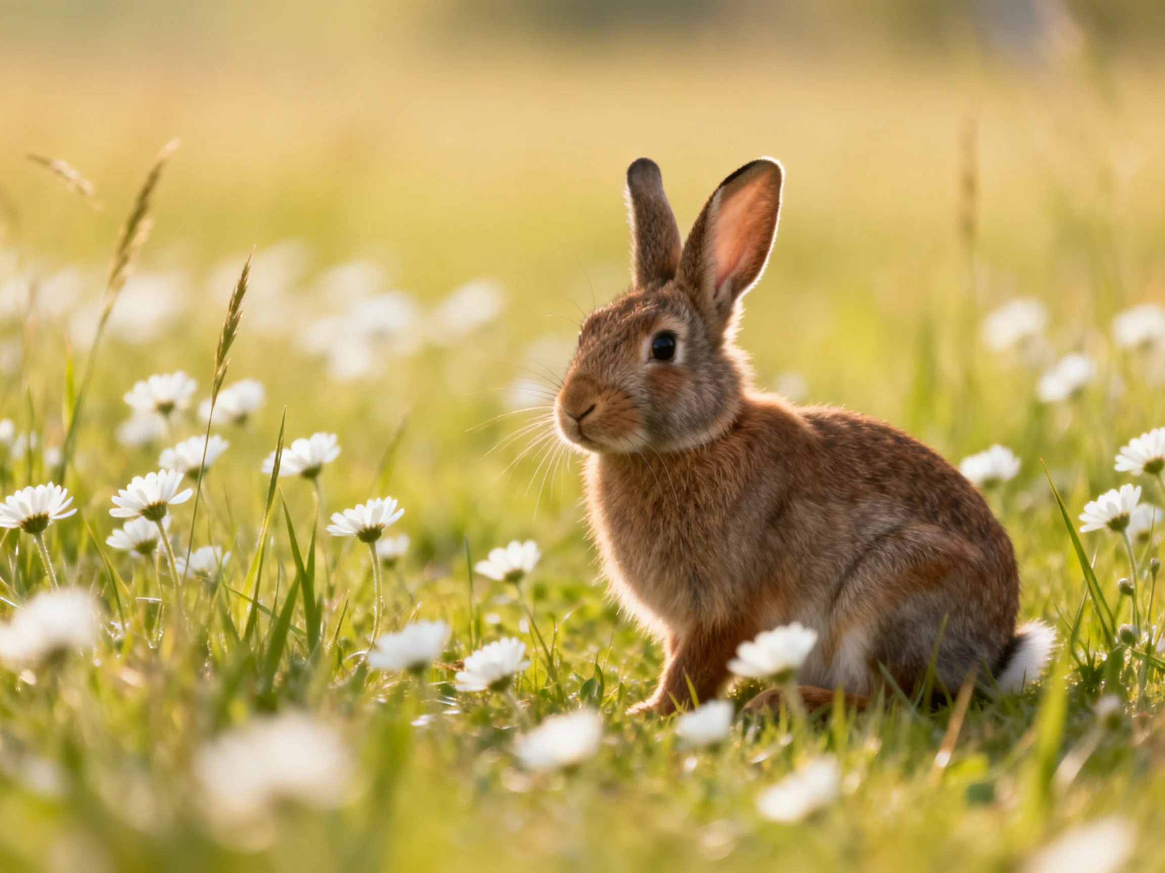 A brown rabbit among white daisies in a sunlit meadow