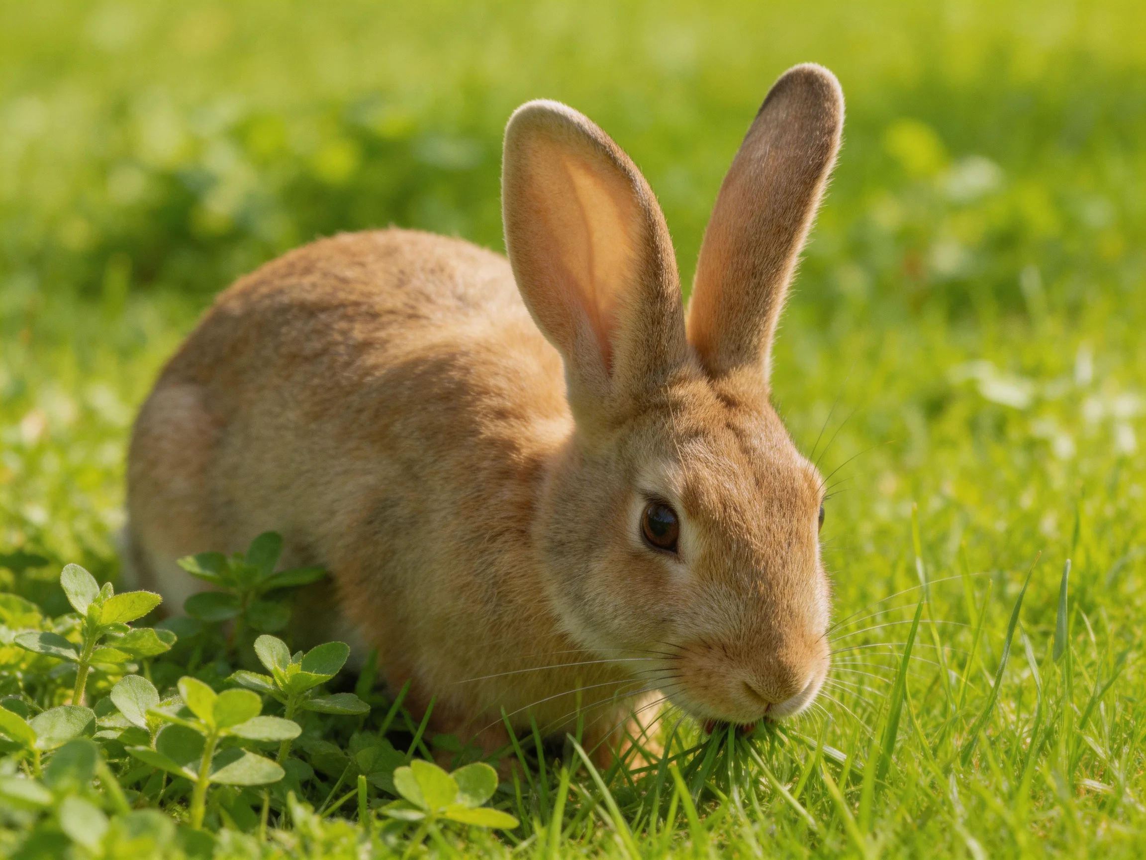 A brown rabbit grazing in a lush green meadow