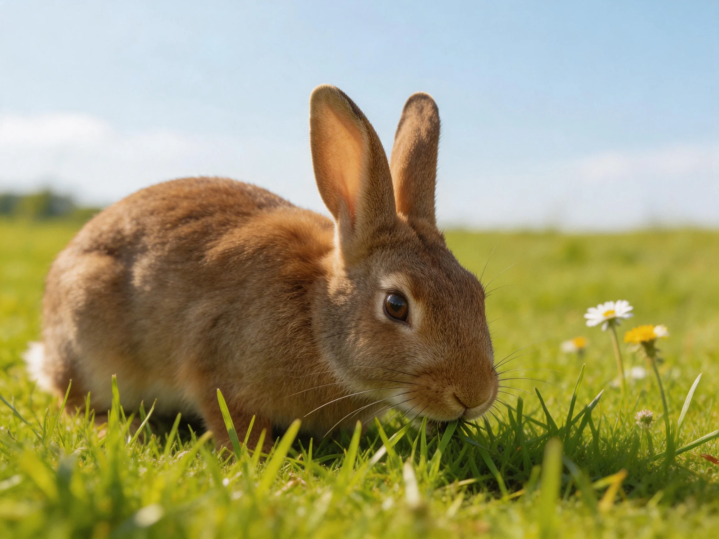 A brown rabbit grazing in a sunlit meadow with wildflowers