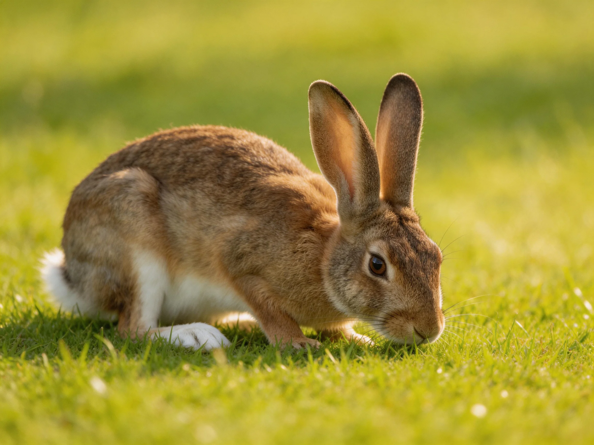 A brown rabbit grazing on lush green grass
