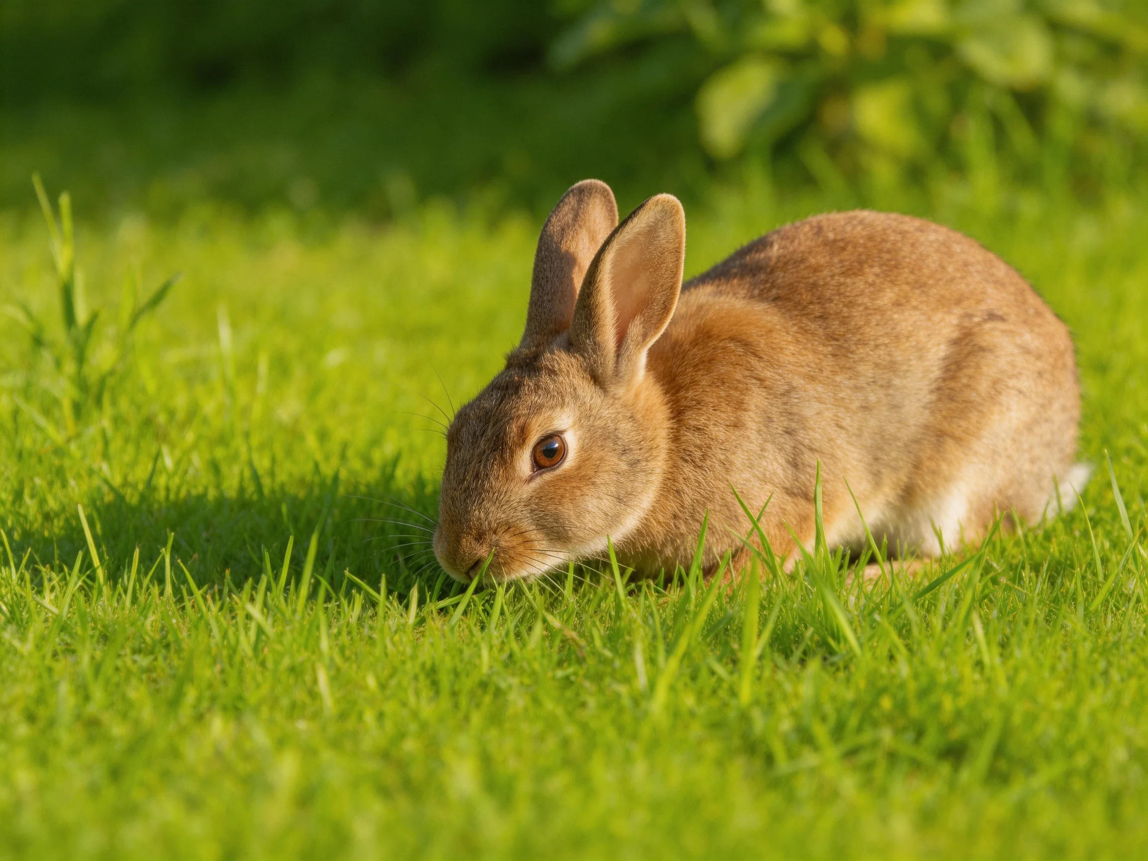 A brown rabbit grazing on lush green grass under bright sunlight