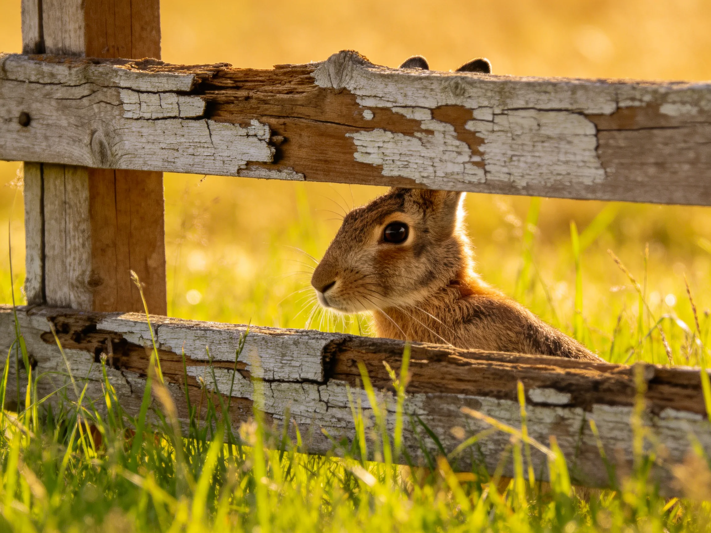 A brown rabbit hides behind an aged wooden fence in golden sunlight