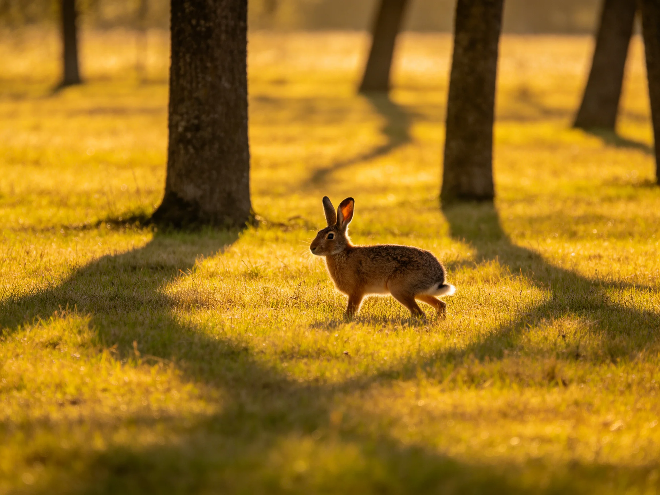 A brown rabbit in a sunlit forest clearing with several tall trees