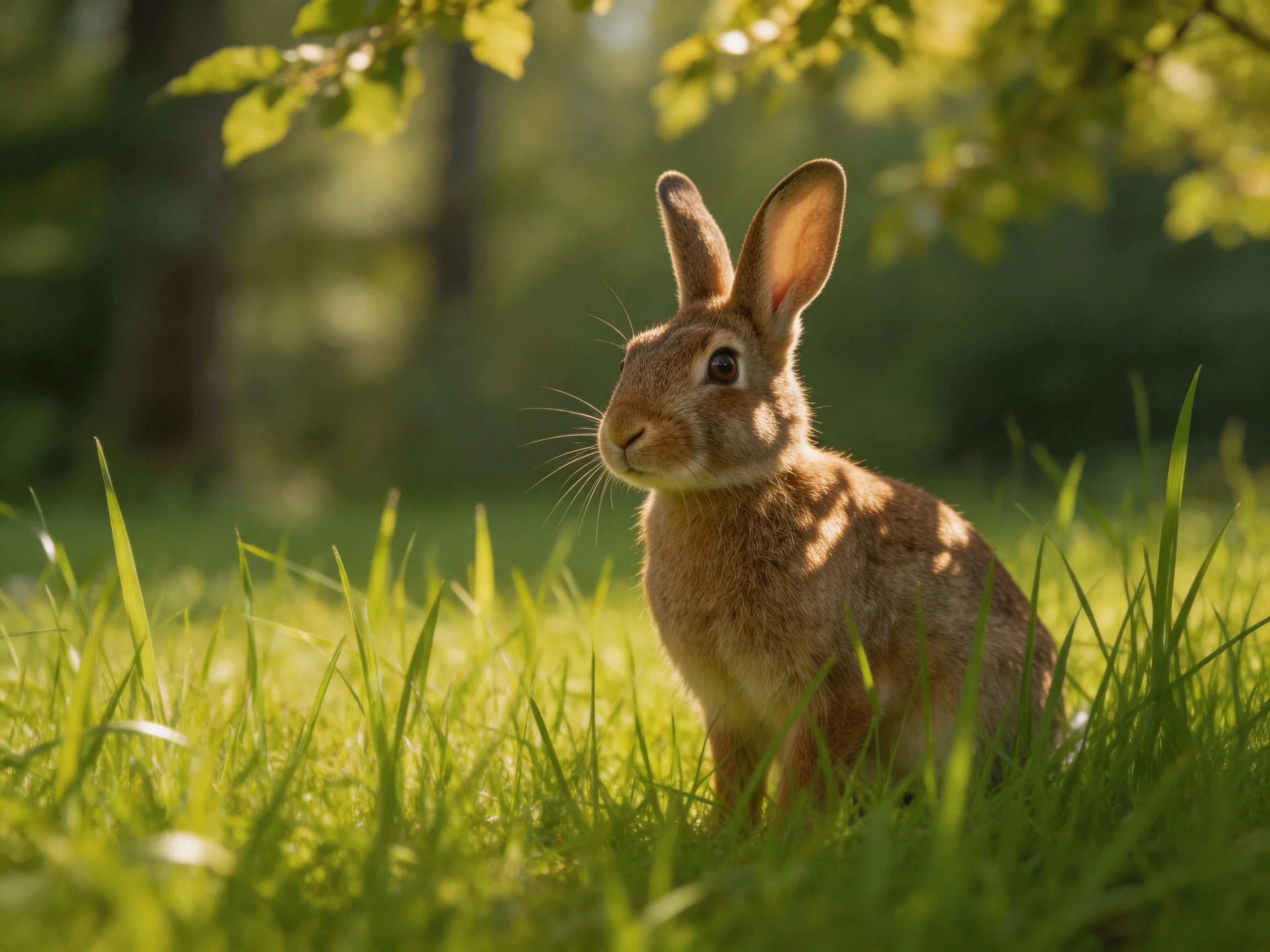 A brown rabbit in lush green grass under sunlit foliage