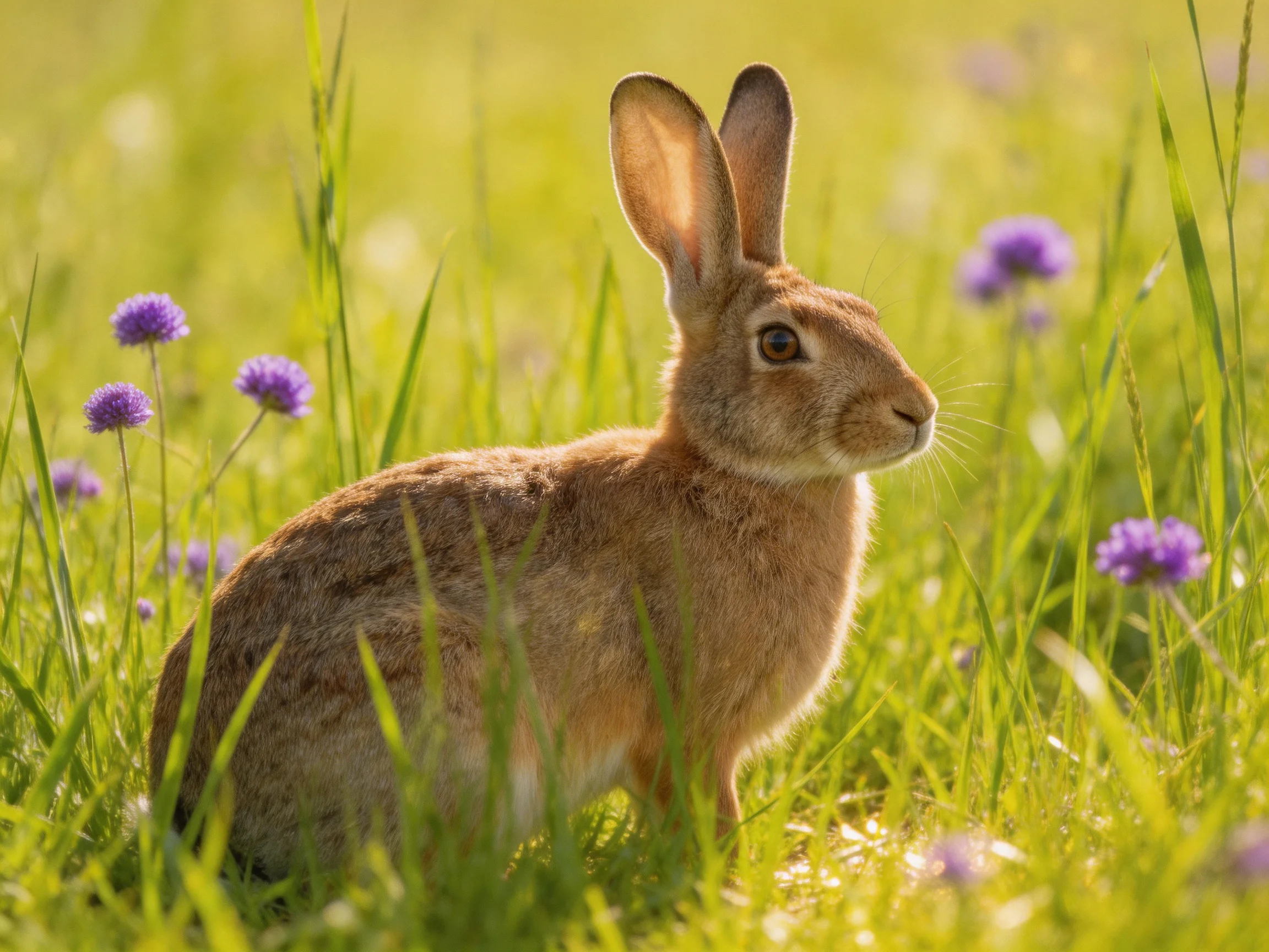 A brown rabbit in tall green grass with purple wildflowers