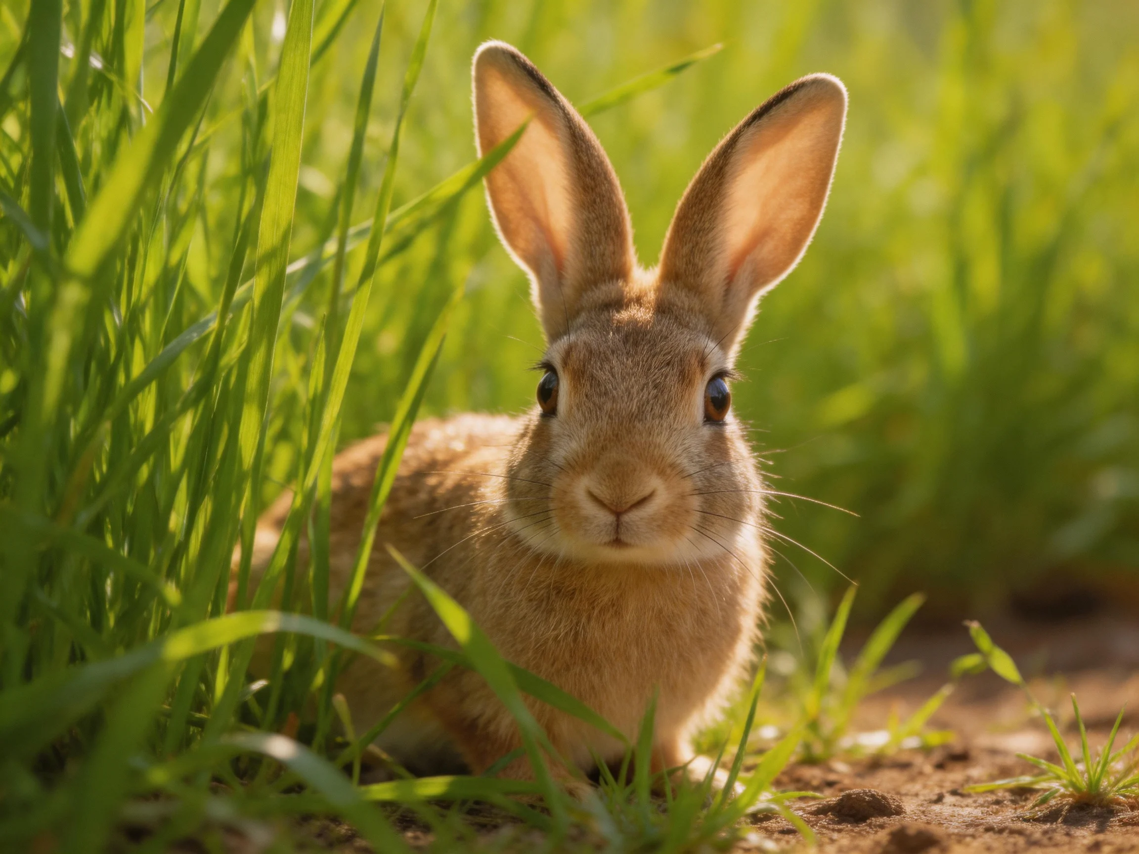 A brown rabbit nestled among tall green grasses in soft sunlight