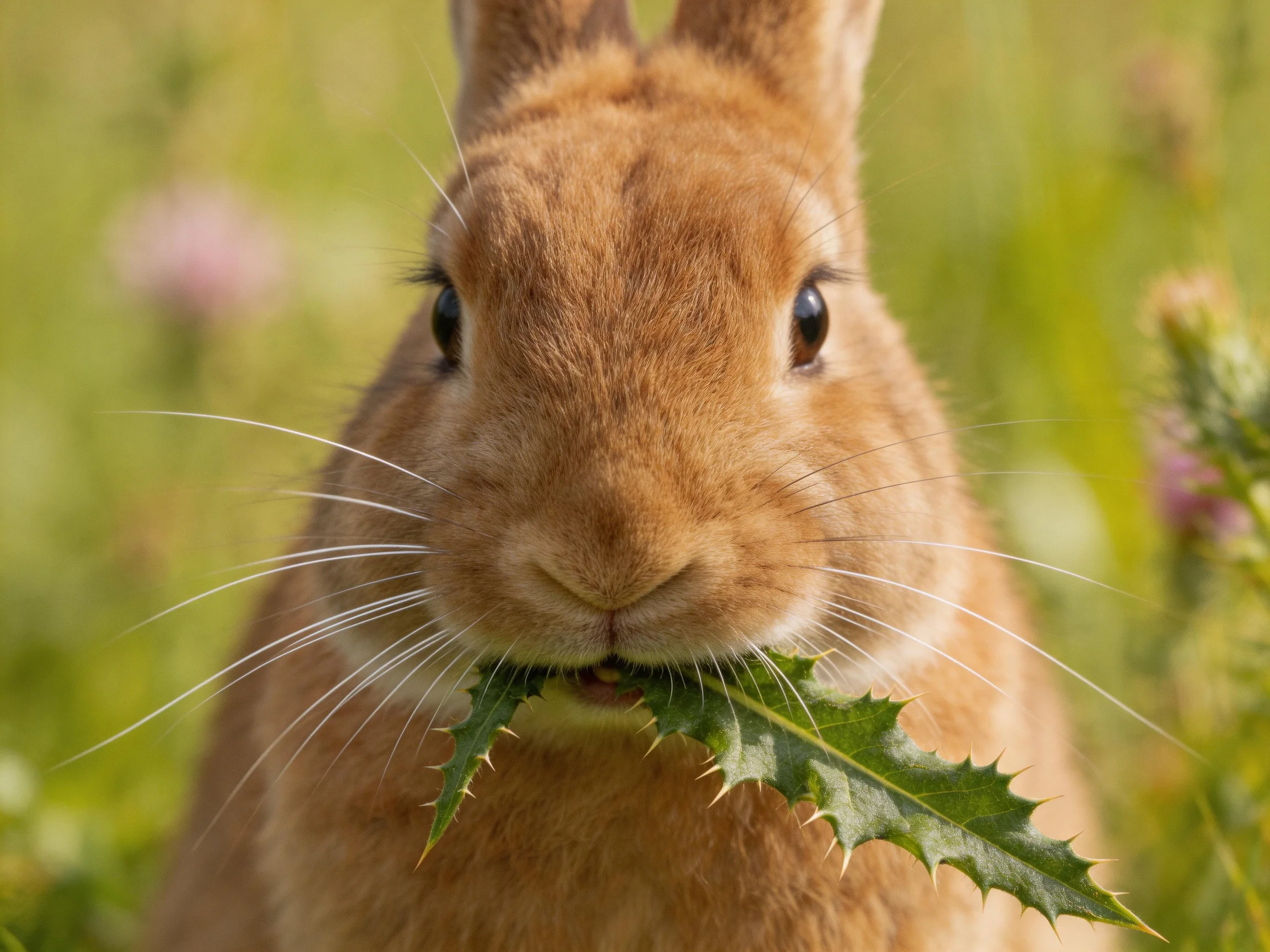 A brown rabbit nibbles on a spiky green leaf in a sunlit meadow