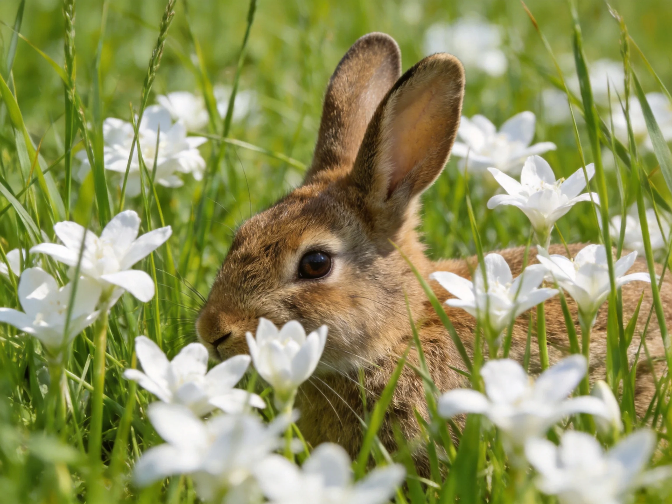 A brown rabbit resting among white flowers and green grass