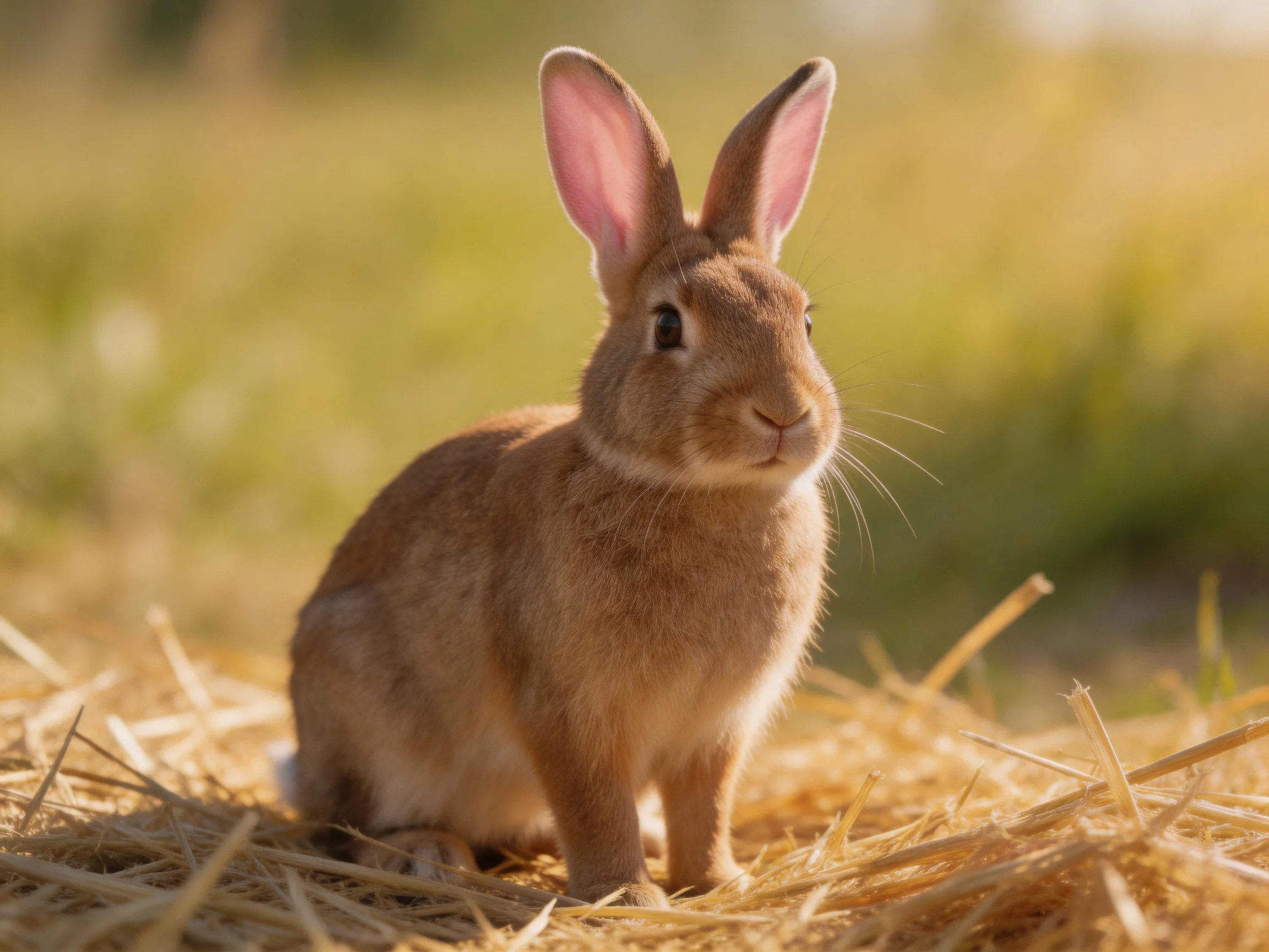 A brown rabbit resting on golden straw in a sunlit meadow