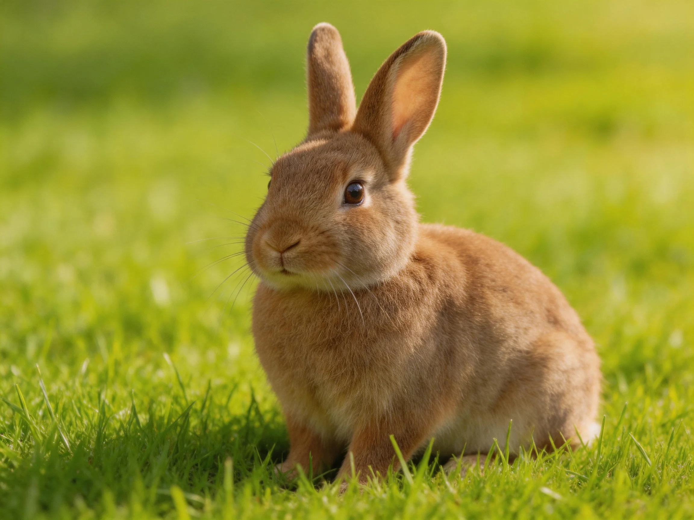A brown rabbit resting on lush green grass