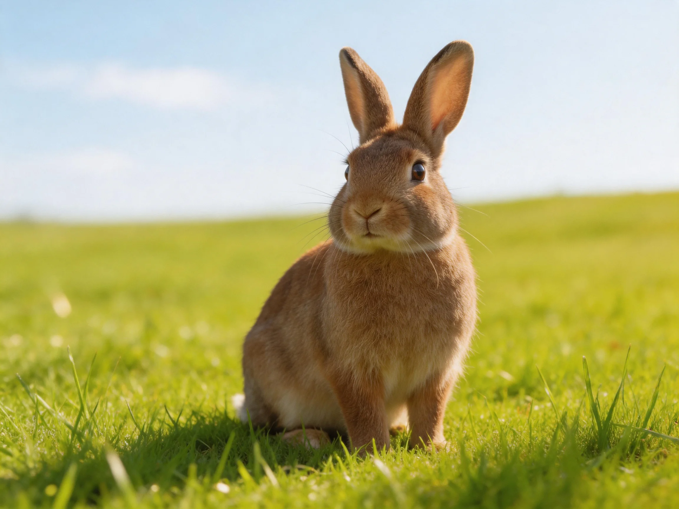 A brown rabbit resting on lush green grass under a clear blue sky