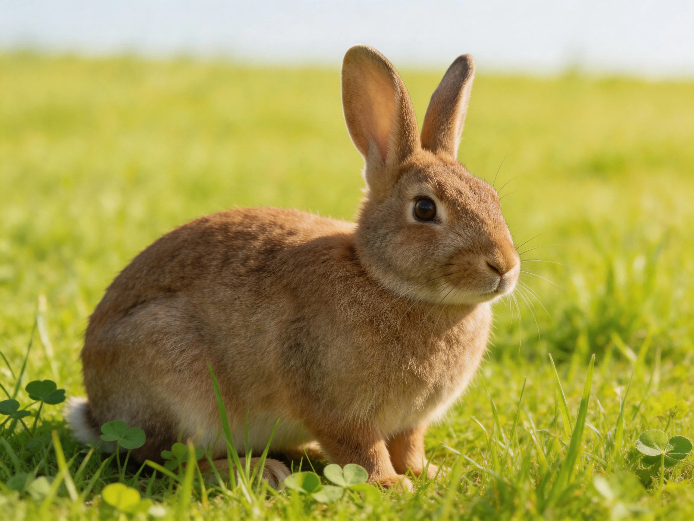 A brown rabbit rests in a lush green meadow