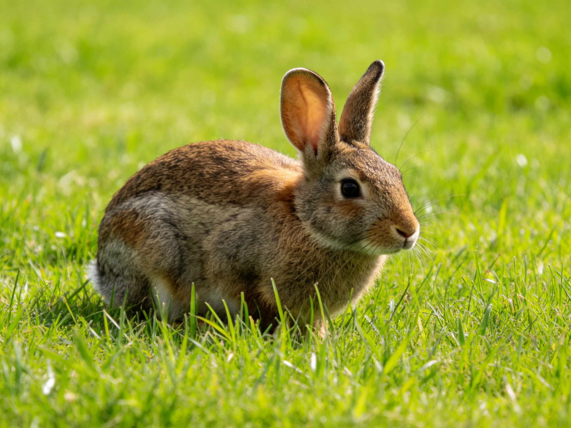 A brown rabbit rests in a sunlit green grassy field