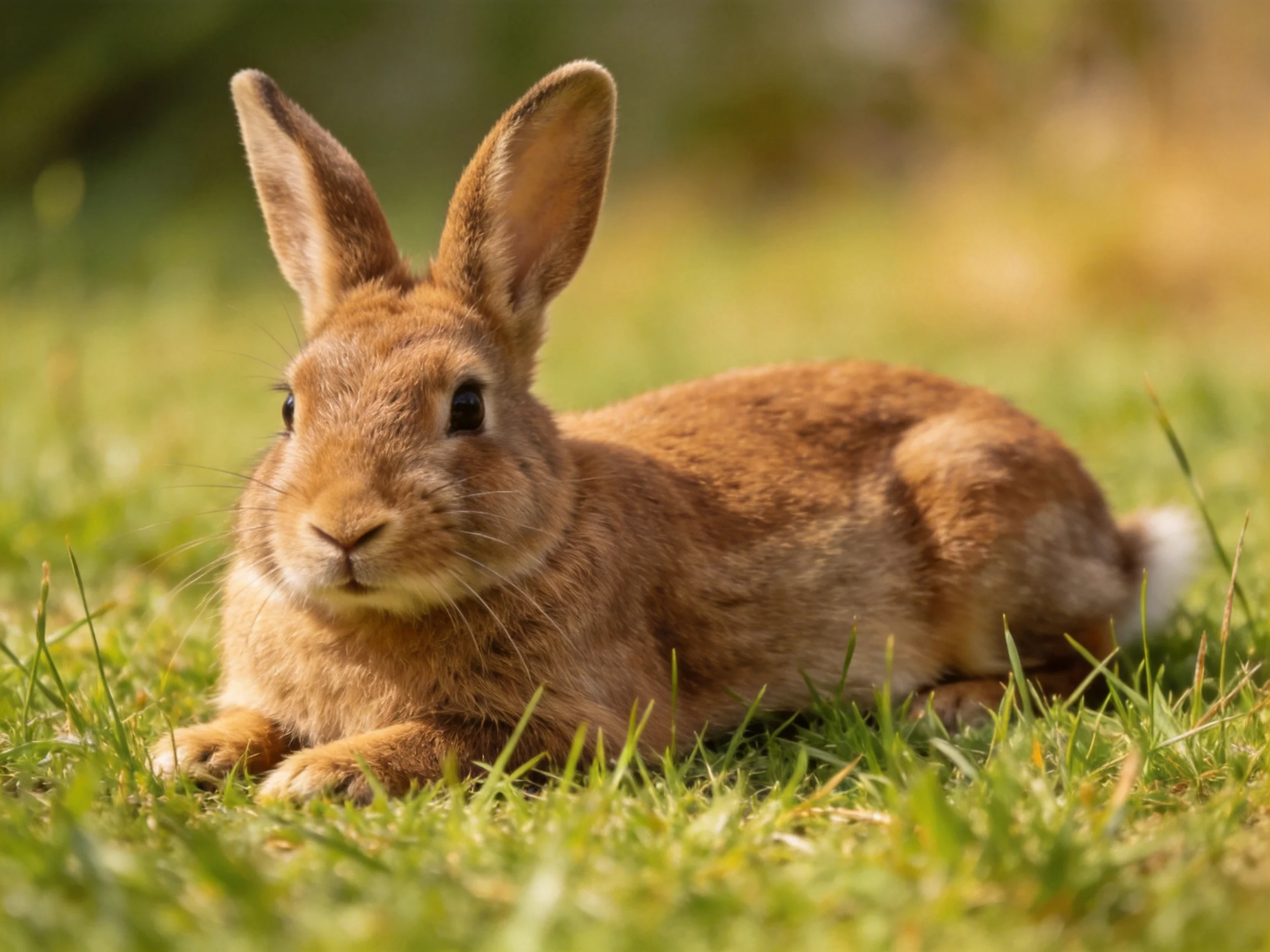 A brown rabbit rests on lush green grass in sunny daylight