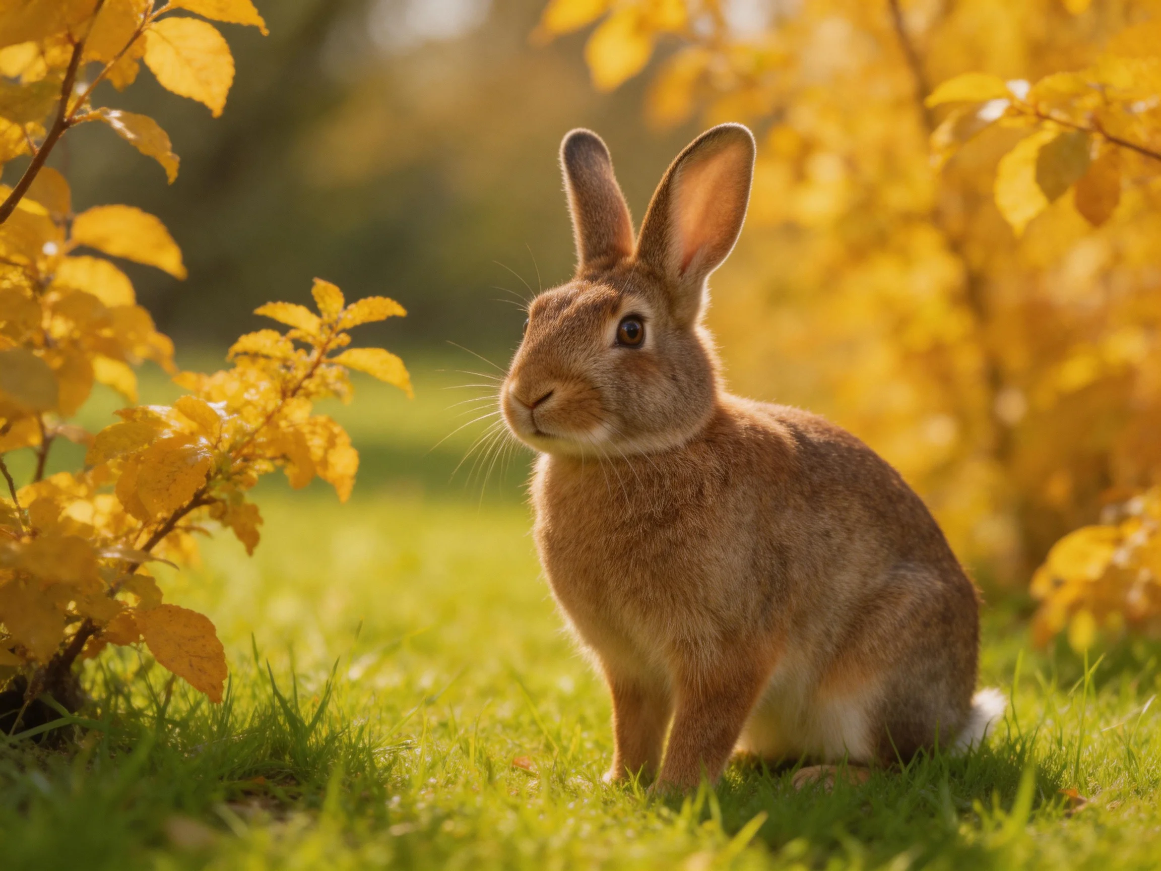 A brown rabbit sits amid golden autumn shrubs on green grass