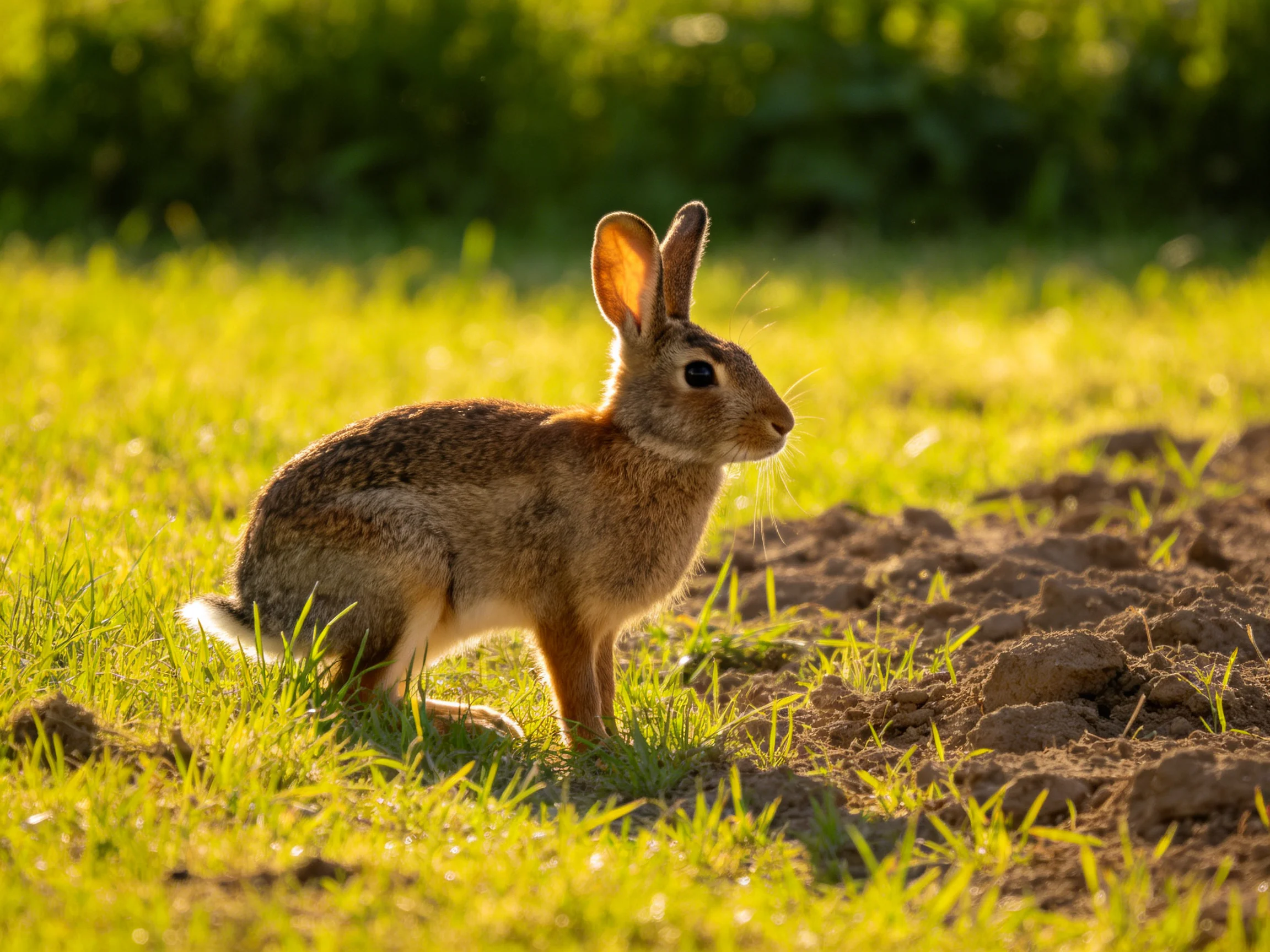 A brown rabbit sits amid green grass and earth-toned soil