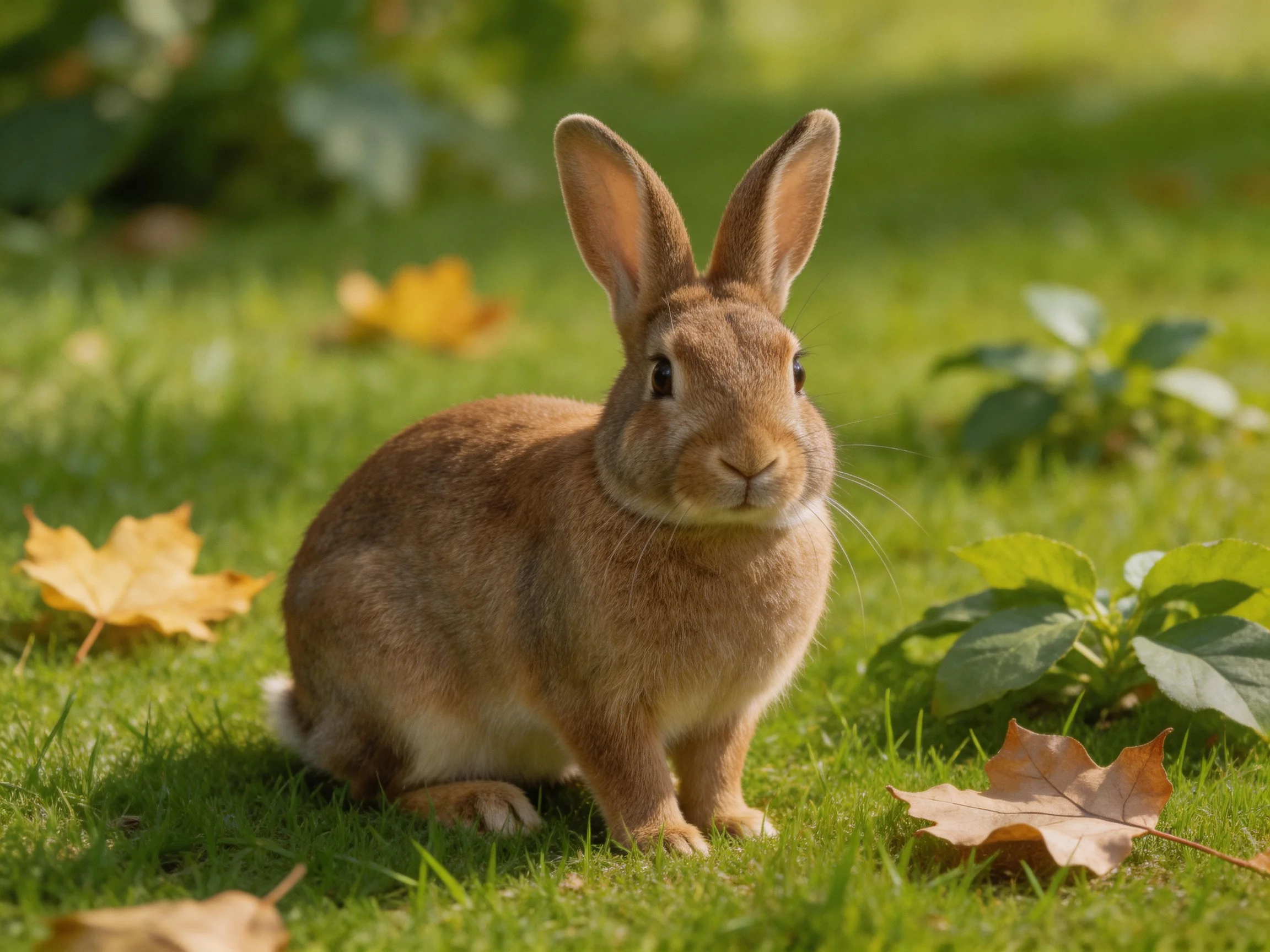 A brown rabbit sits amid green grass and golden autumn leaves