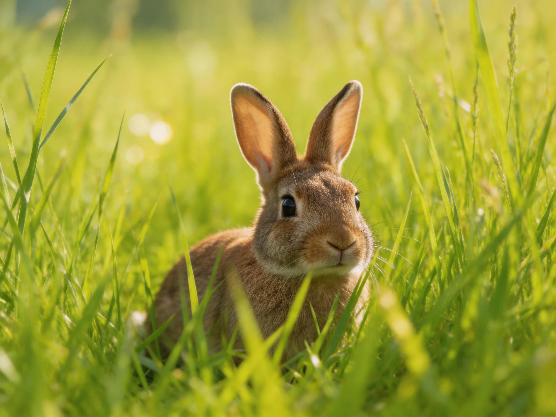 A brown rabbit rests in a sunlit field of tall green grass.