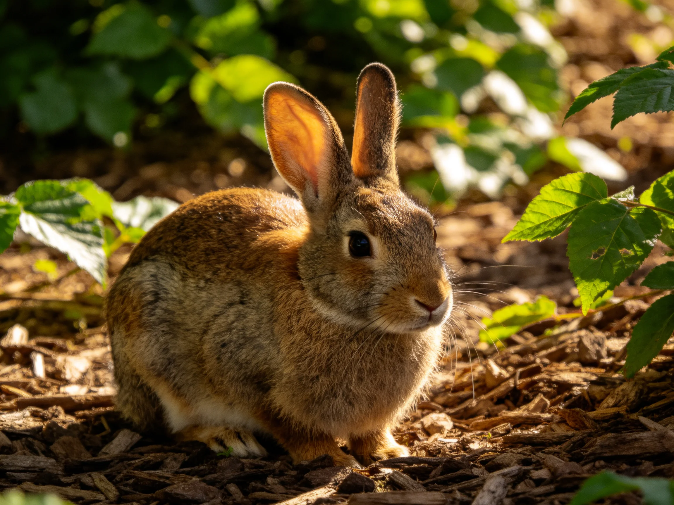 A brown rabbit sits among green foliage on wood chip ground