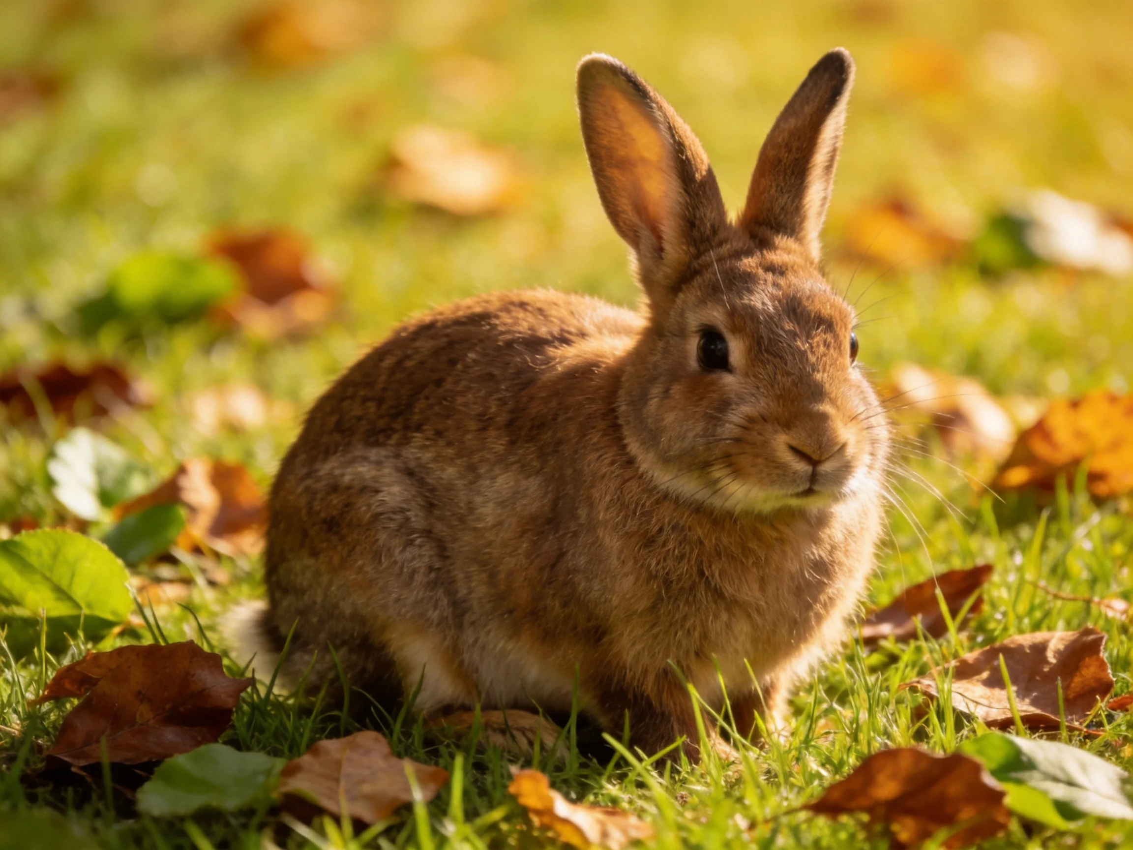 A brown rabbit sits among scattered autumn leaves on green grass