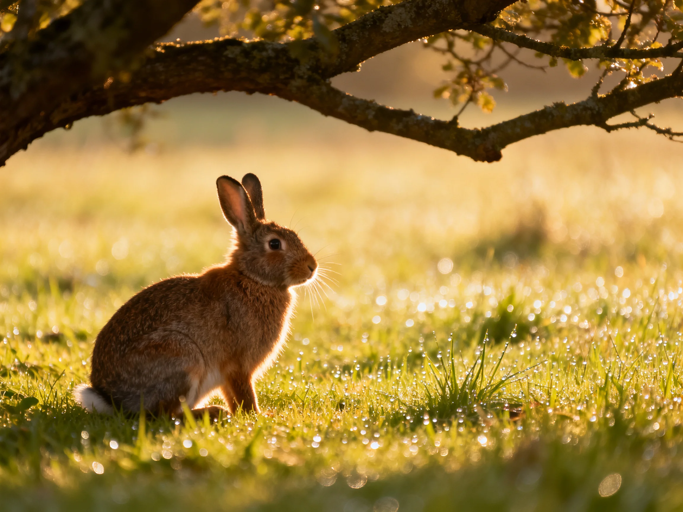 A brown rabbit sits beneath a gnarled tree branch in dewy grass