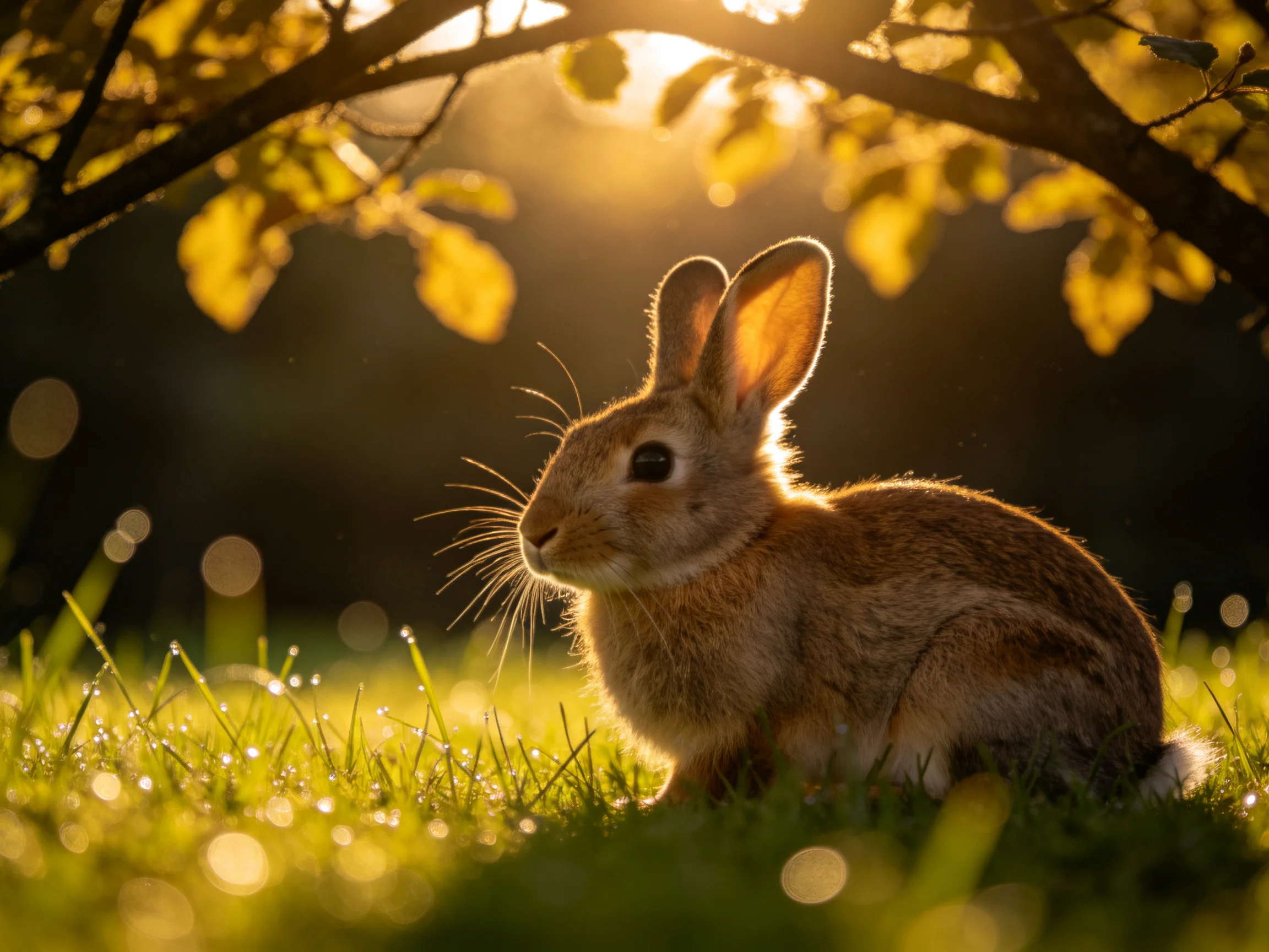 A brown rabbit sits in dewy grass beneath golden-hued branches