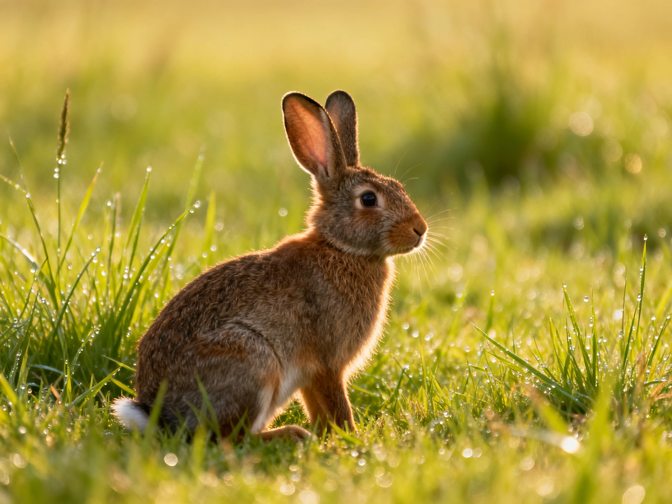 A brown rabbit sits in dewy green grass under golden light